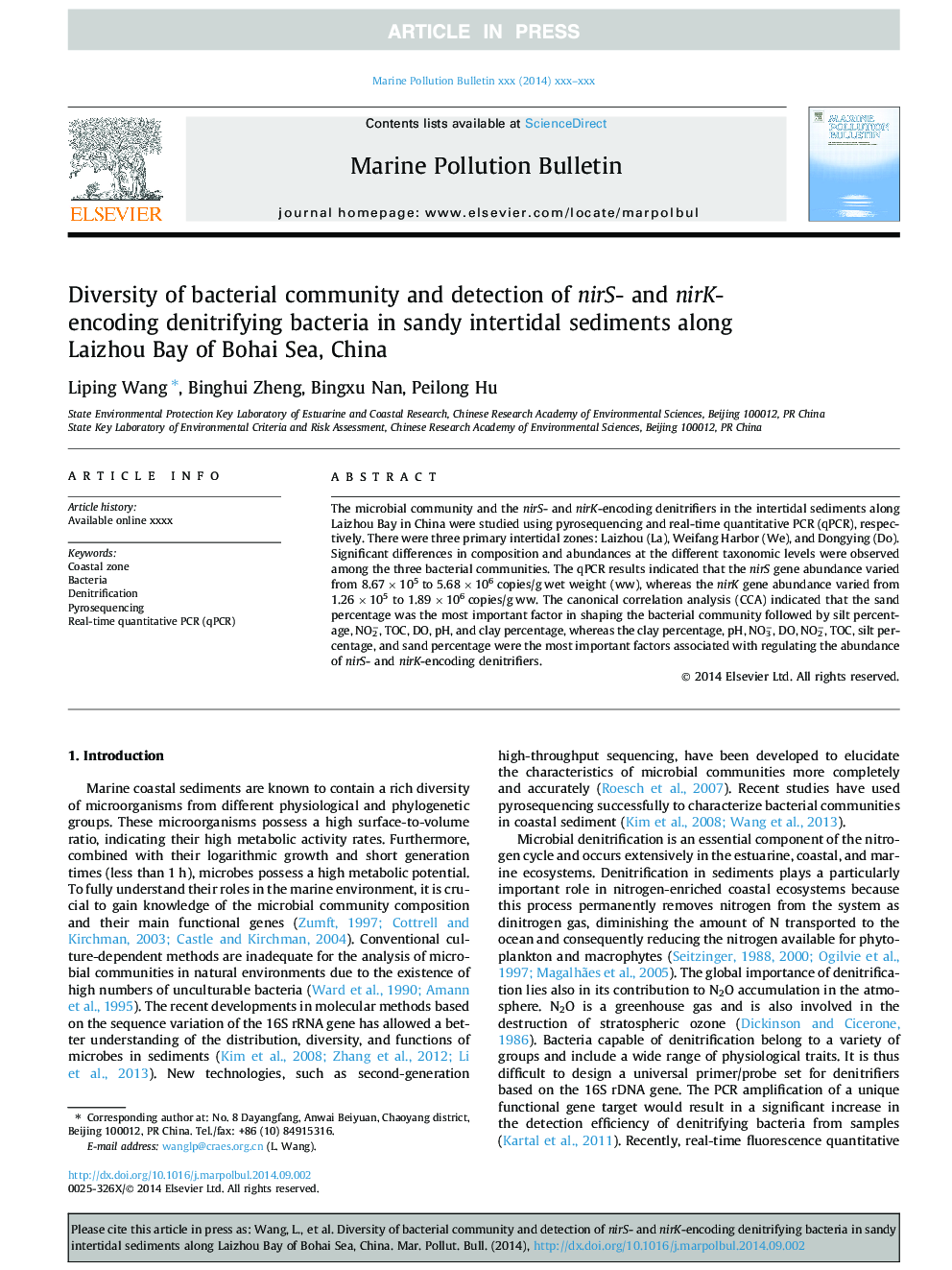 Diversity of bacterial community and detection of nirS- and nirK-encoding denitrifying bacteria in sandy intertidal sediments along Laizhou Bay of Bohai Sea, China