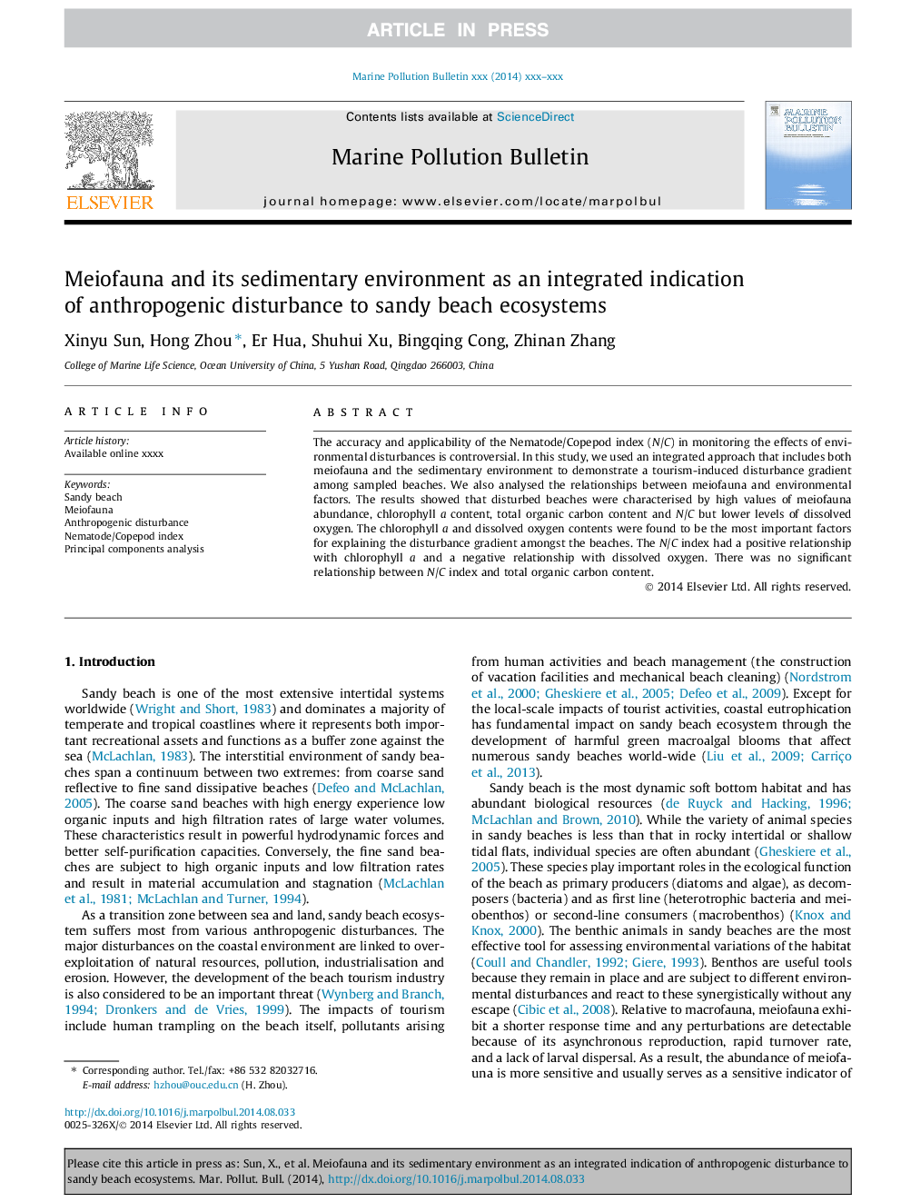 Meiofauna and its sedimentary environment as an integrated indication of anthropogenic disturbance to sandy beach ecosystems