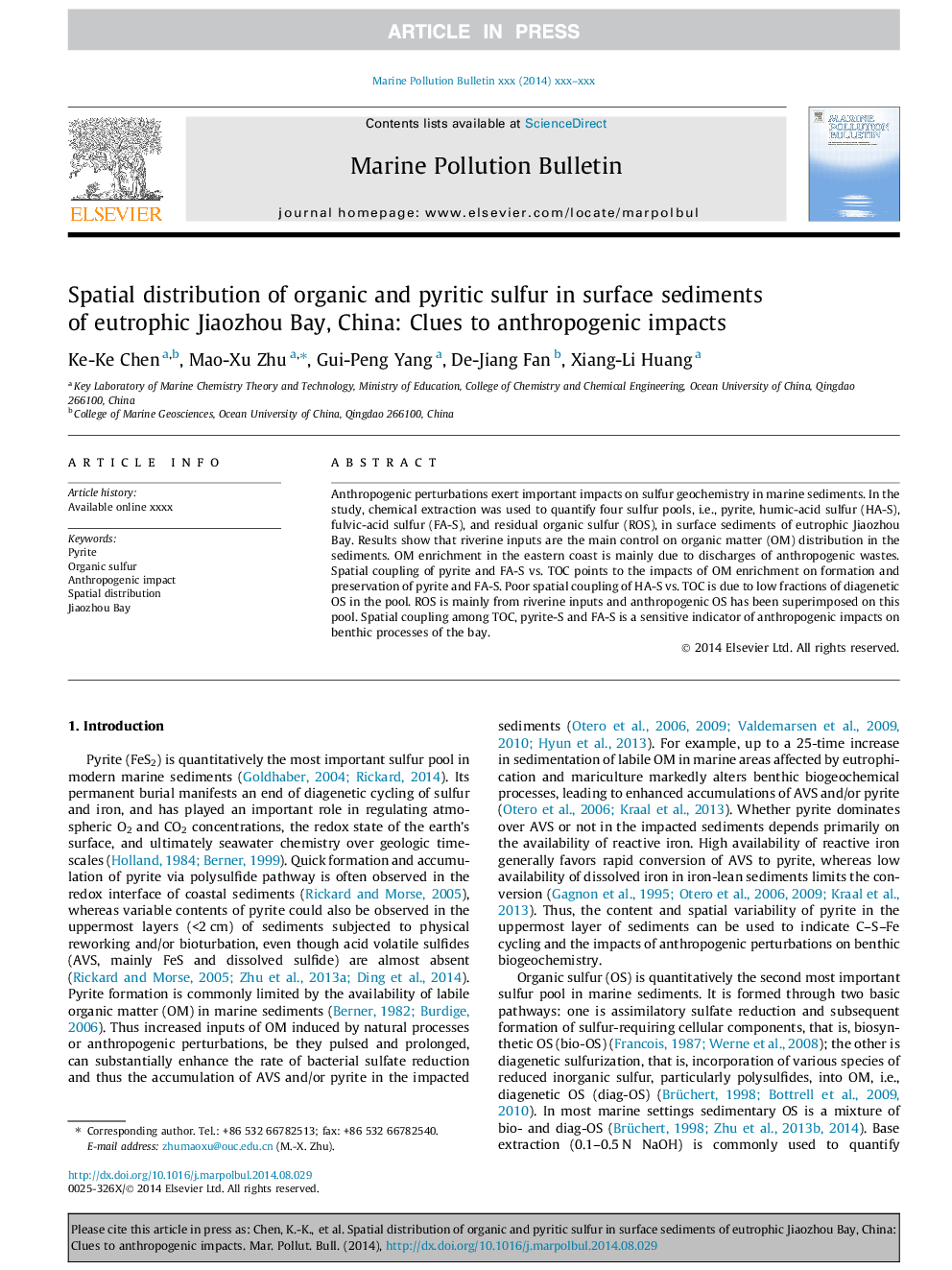 Spatial distribution of organic and pyritic sulfur in surface sediments of eutrophic Jiaozhou Bay, China: Clues to anthropogenic impacts