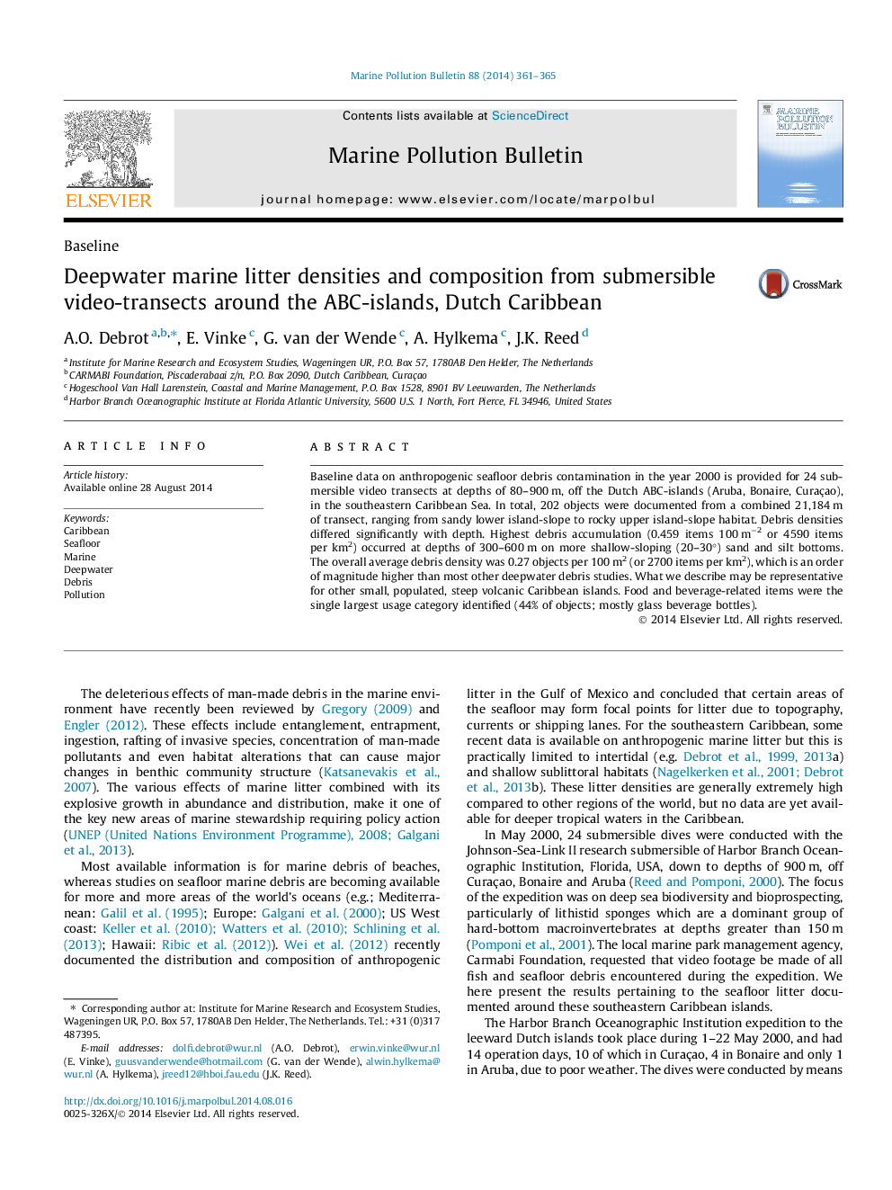 Deepwater marine litter densities and composition from submersible video-transects around the ABC-islands, Dutch Caribbean