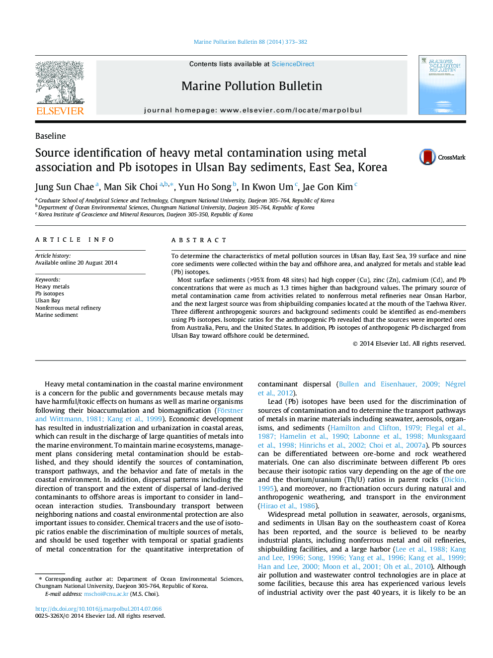 Source identification of heavy metal contamination using metal association and Pb isotopes in Ulsan Bay sediments, East Sea, Korea