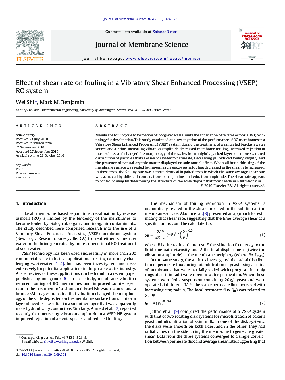 Effect of shear rate on fouling in a Vibratory Shear Enhanced Processing (VSEP) RO system