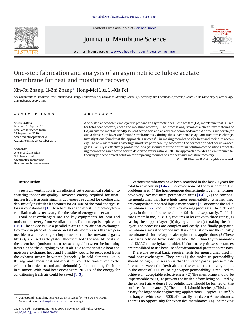 One-step fabrication and analysis of an asymmetric cellulose acetate membrane for heat and moisture recovery