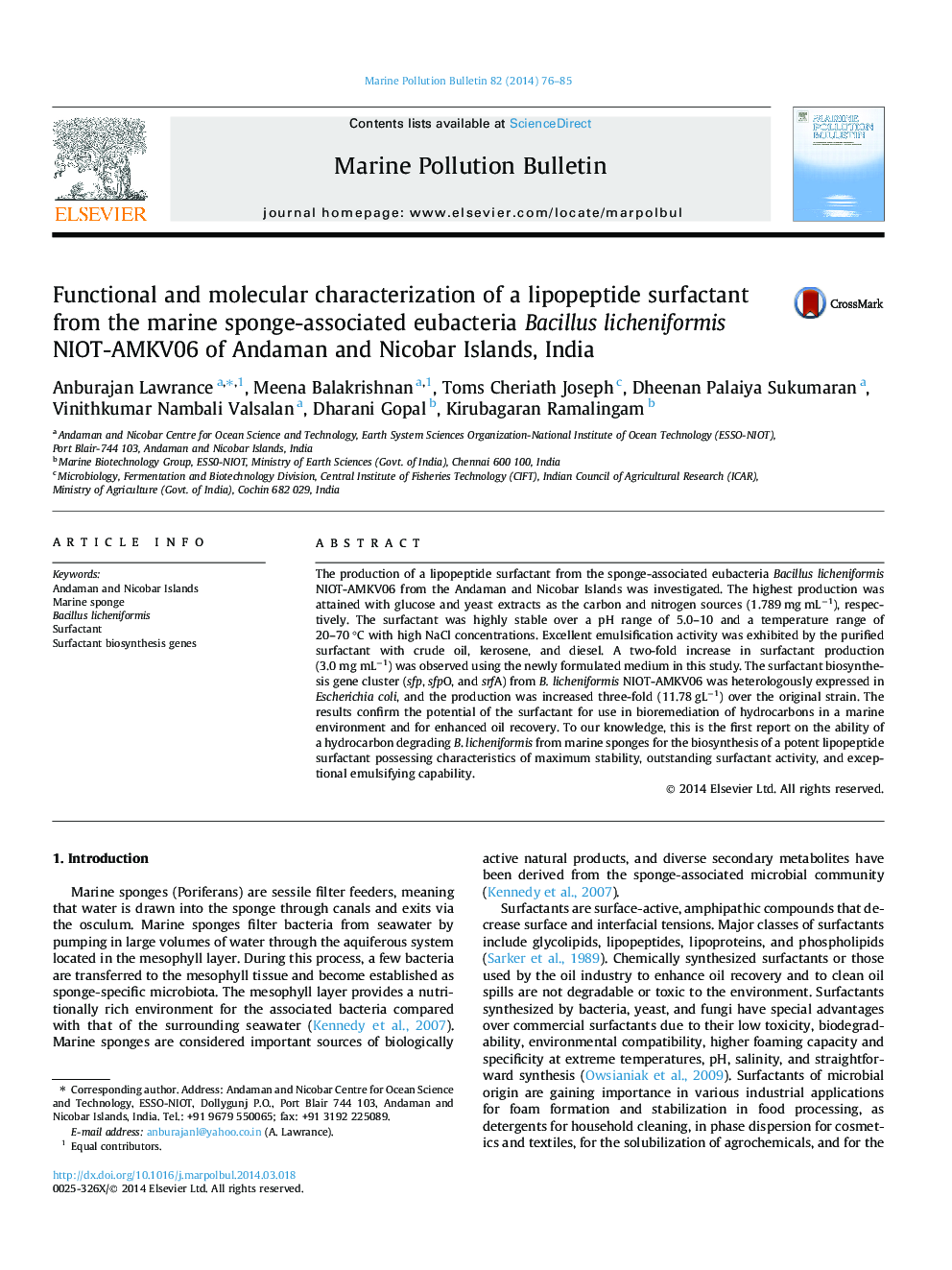 Functional and molecular characterization of a lipopeptide surfactant from the marine sponge-associated eubacteria Bacillus licheniformis NIOT-AMKV06 of Andaman and Nicobar Islands, India