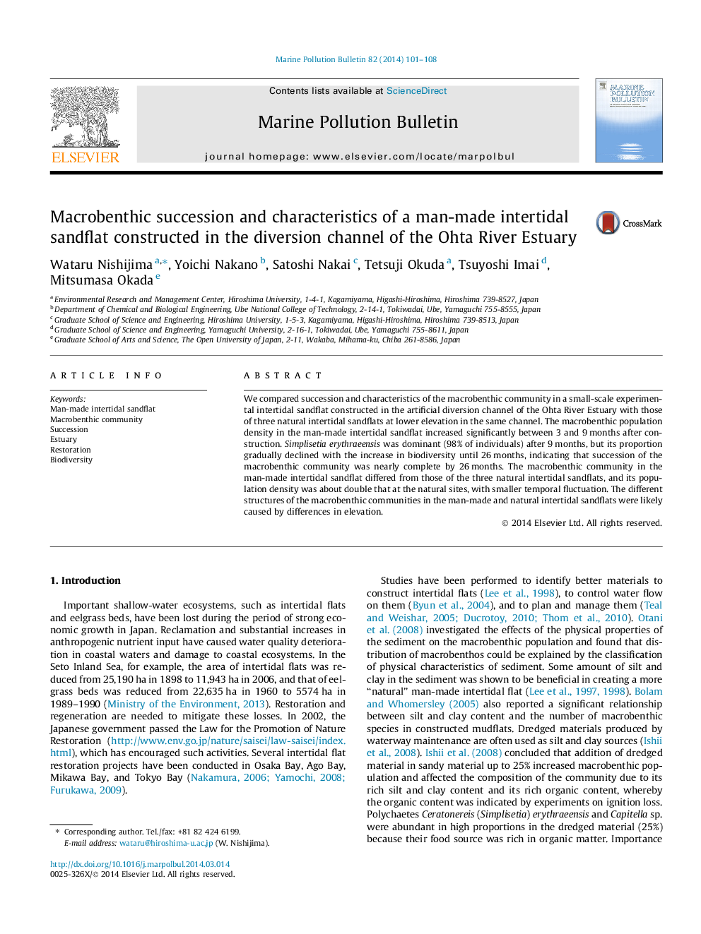 Macrobenthic succession and characteristics of a man-made intertidal sandflat constructed in the diversion channel of the Ohta River Estuary