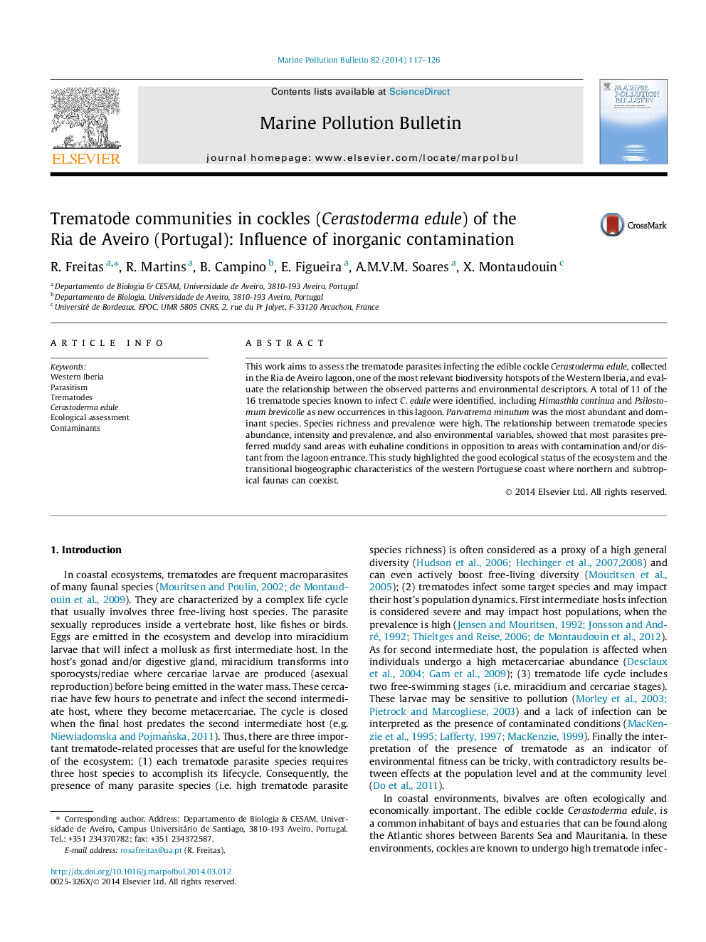 Trematode communities in cockles (Cerastoderma edule) of the Ria de Aveiro (Portugal): Influence of inorganic contamination