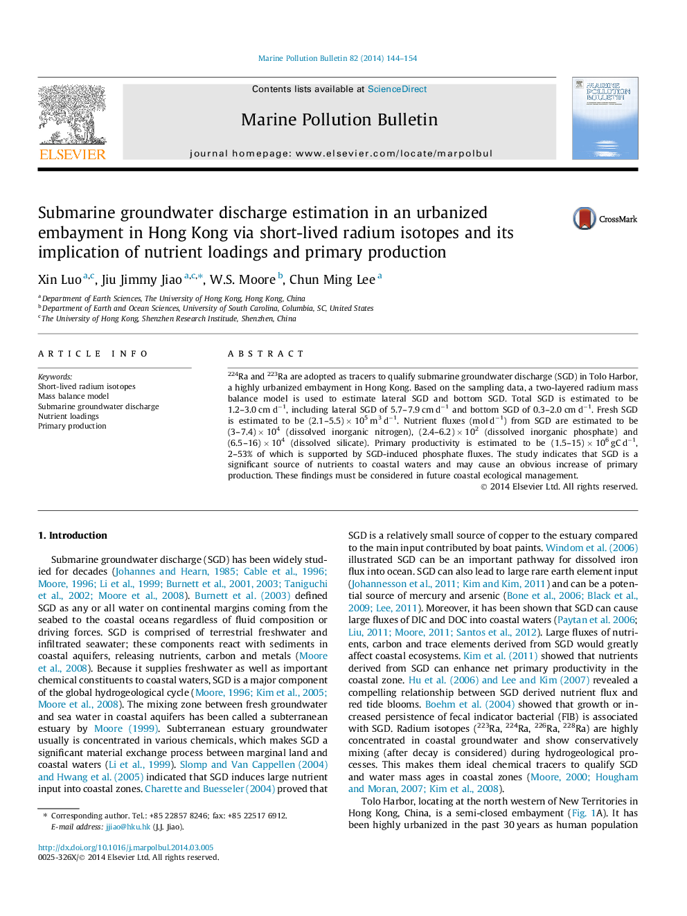 Submarine groundwater discharge estimation in an urbanized embayment in Hong Kong via short-lived radium isotopes and its implication of nutrient loadings and primary production