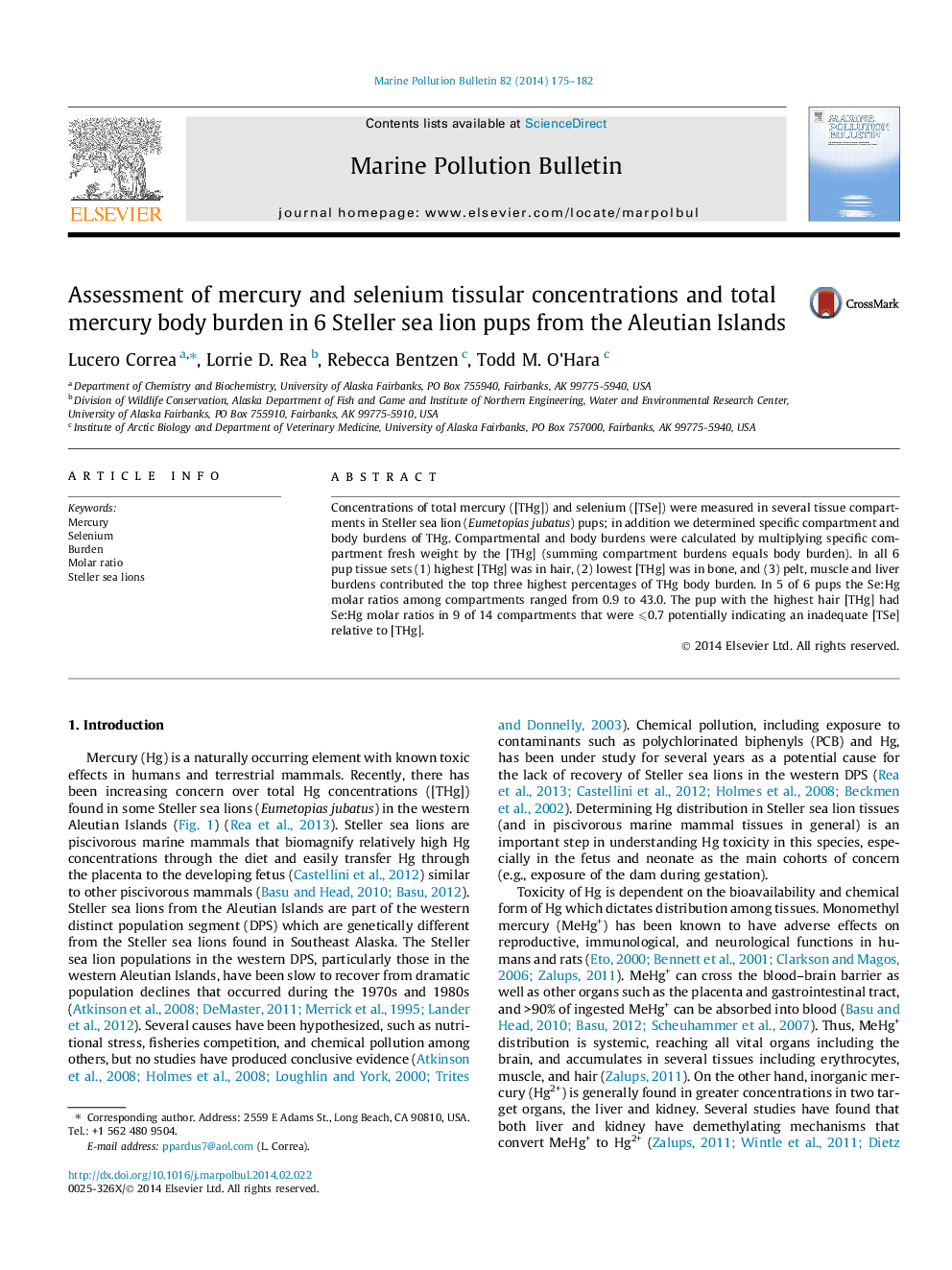 Assessment of mercury and selenium tissular concentrations and total mercury body burden in 6 Steller sea lion pups from the Aleutian Islands