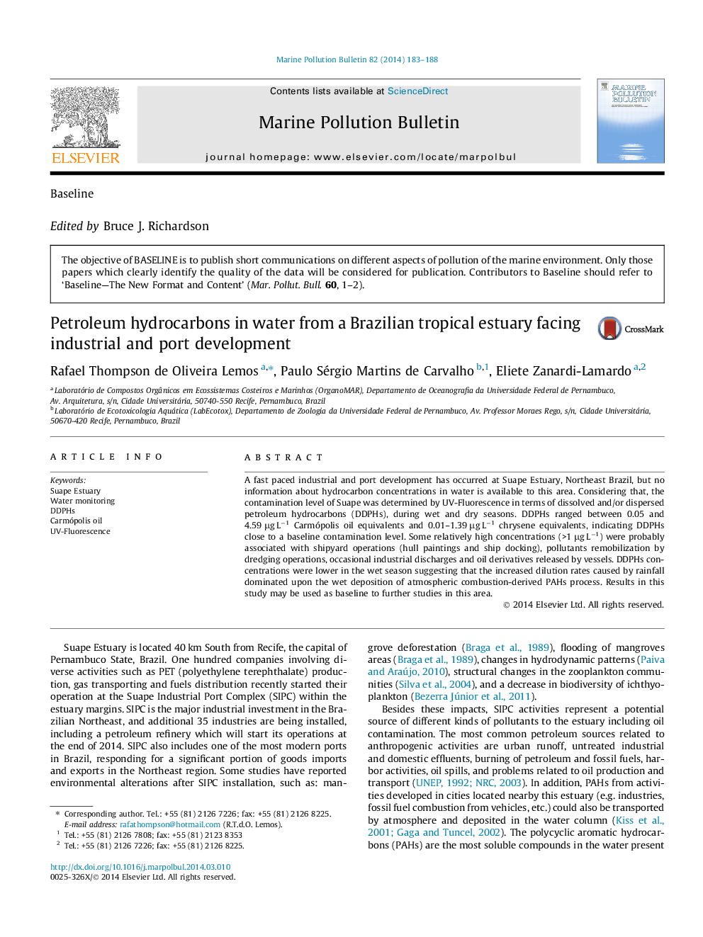 Petroleum hydrocarbons in water from a Brazilian tropical estuary facing industrial and port development