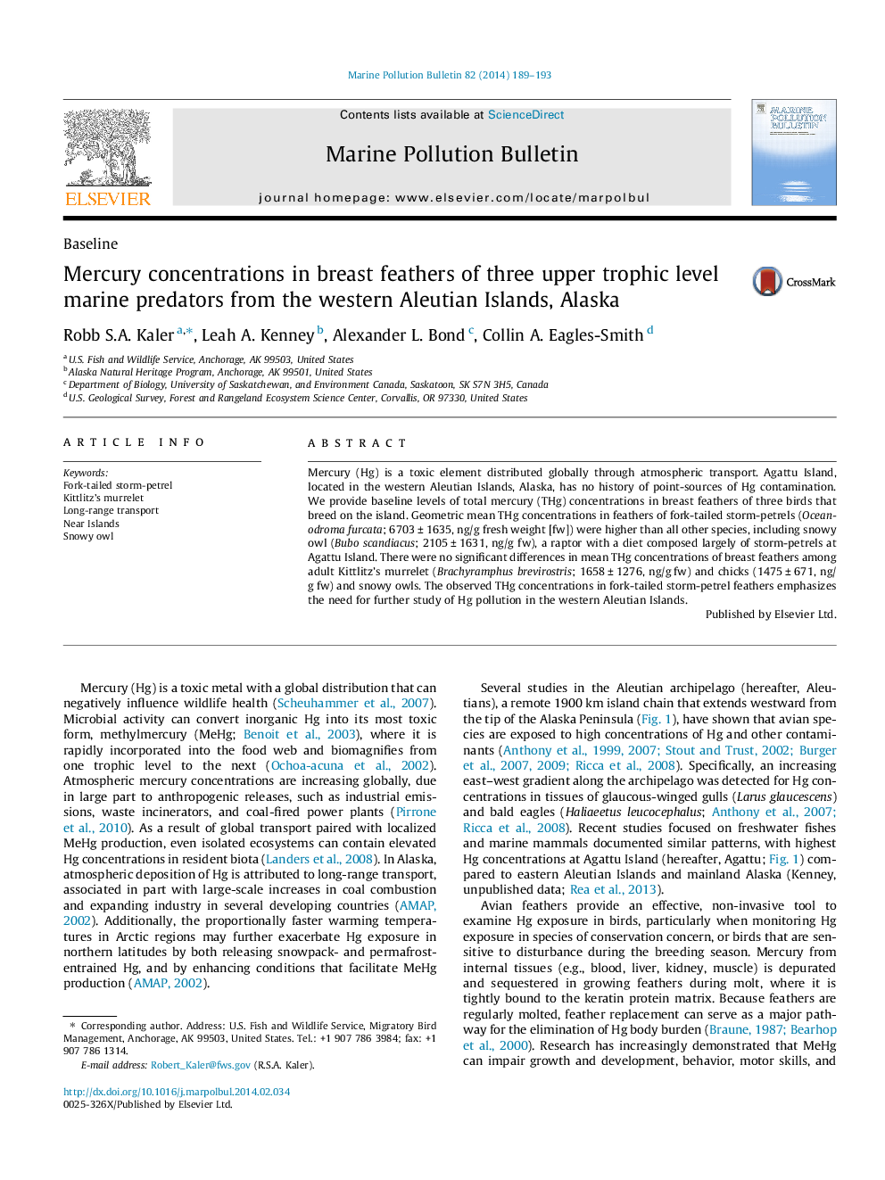 Mercury concentrations in breast feathers of three upper trophic level marine predators from the western Aleutian Islands, Alaska