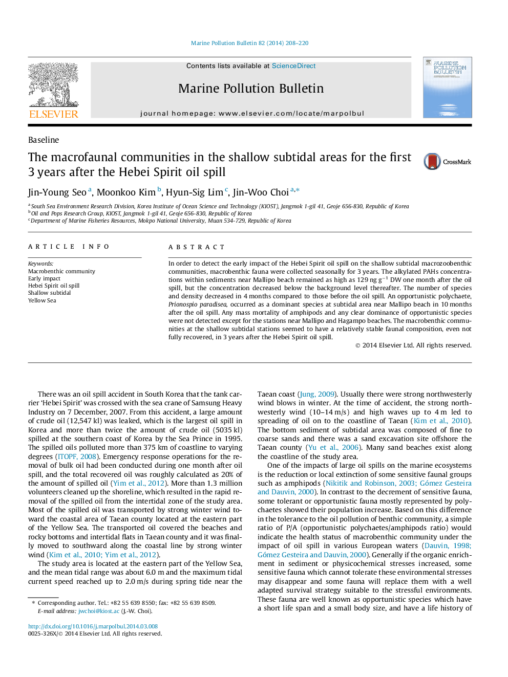 The macrofaunal communities in the shallow subtidal areas for the first 3Â years after the Hebei Spirit oil spill