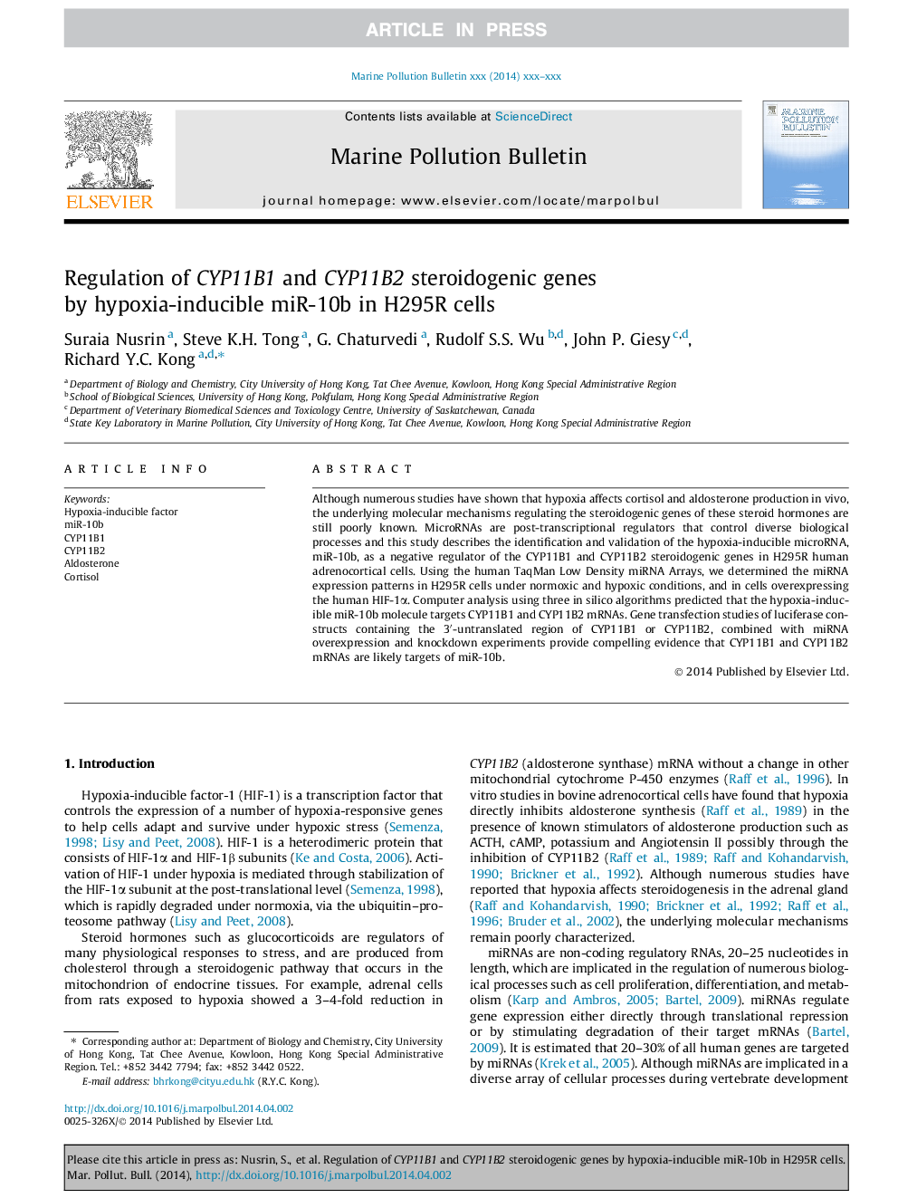 Regulation of CYP11B1 and CYP11B2 steroidogenic genes by hypoxia-inducible miR-10b in H295R cells