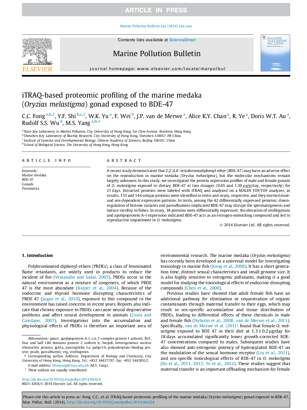 iTRAQ-based proteomic profiling of the marine medaka (Oryzias melastigma) gonad exposed to BDE-47