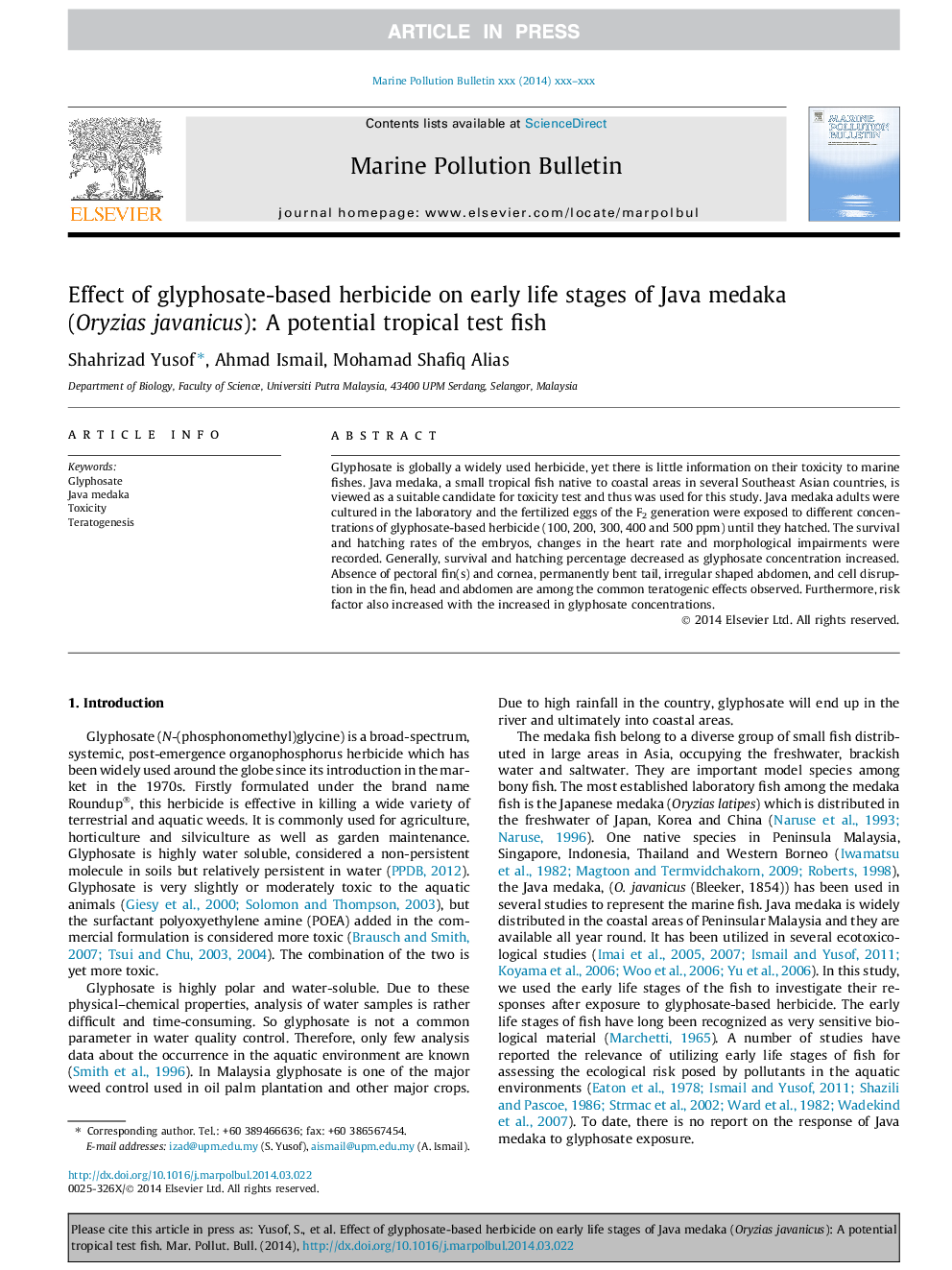 Effect of glyphosate-based herbicide on early life stages of Java medaka (Oryzias javanicus): A potential tropical test fish