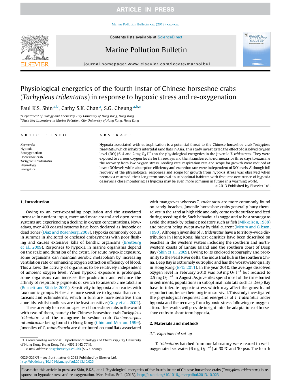 Physiological energetics of the fourth instar of Chinese horseshoe crabs (Tachypleus tridentatus) in response to hypoxic stress and re-oxygenation