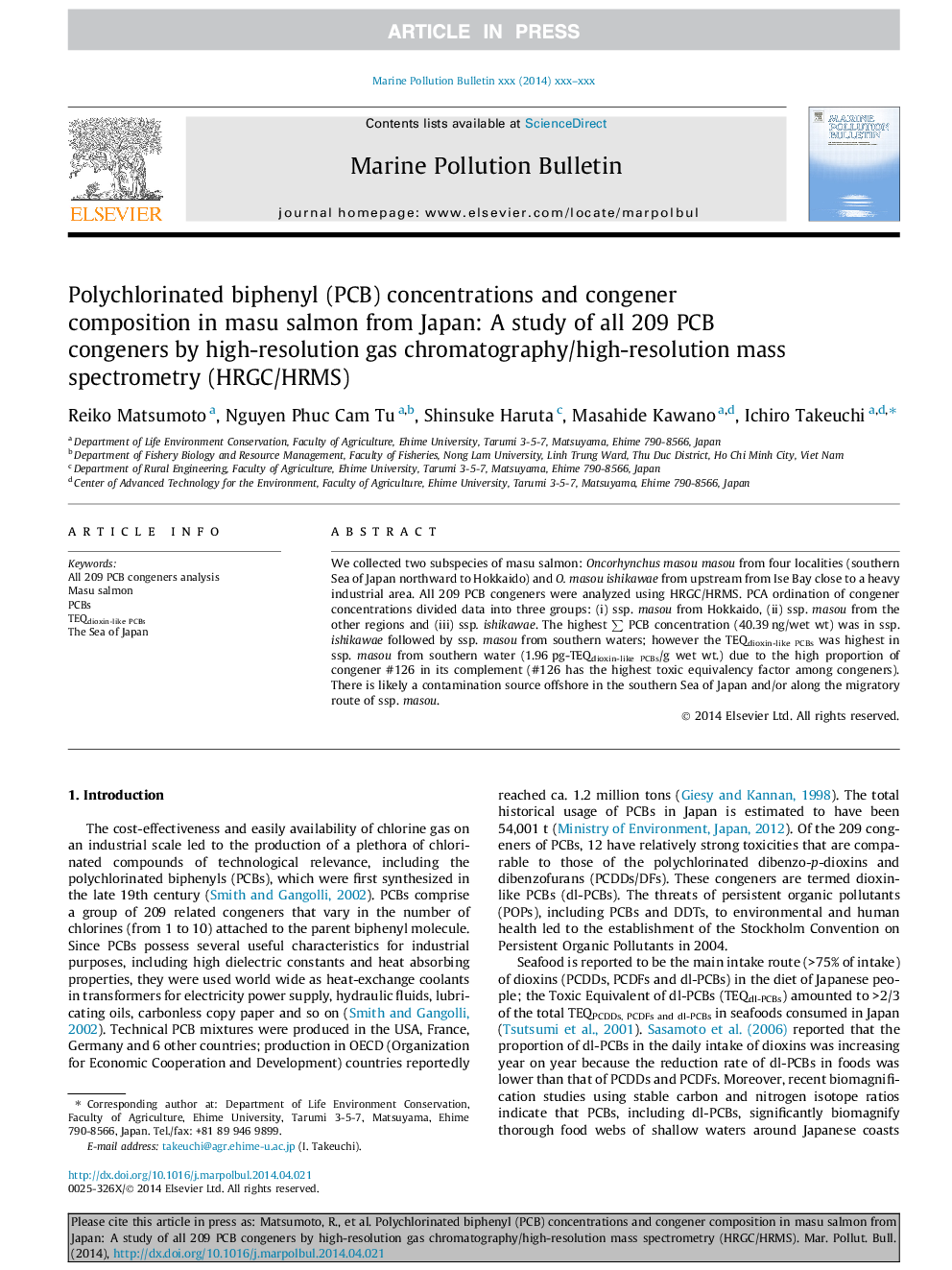 Polychlorinated biphenyl (PCB) concentrations and congener composition in masu salmon from Japan: A study of all 209 PCB congeners by high-resolution gas chromatography/high-resolution mass spectrometry (HRGC/HRMS)