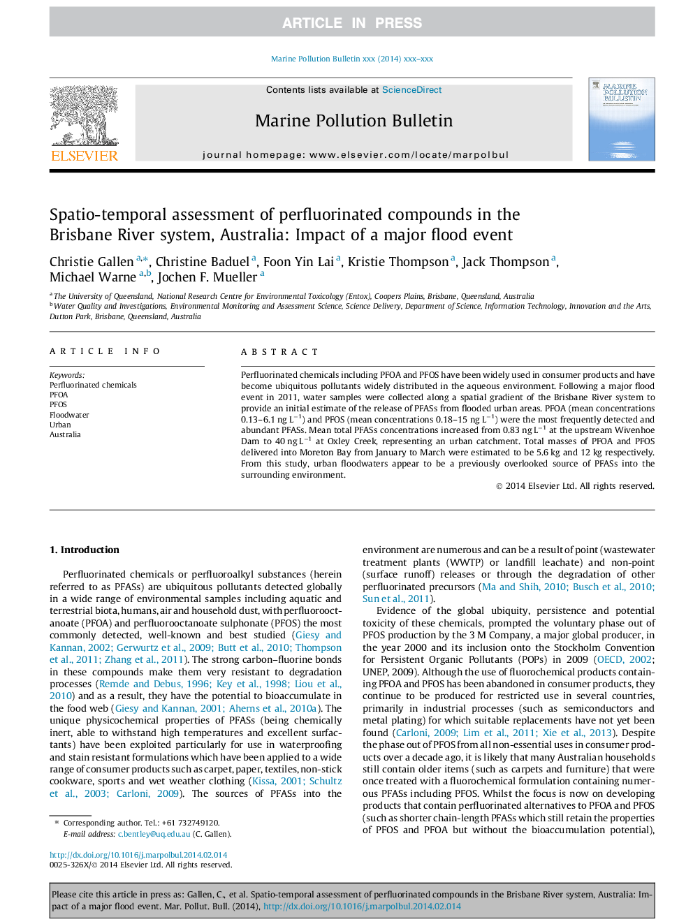 Spatio-temporal assessment of perfluorinated compounds in the Brisbane River system, Australia: Impact of a major flood event