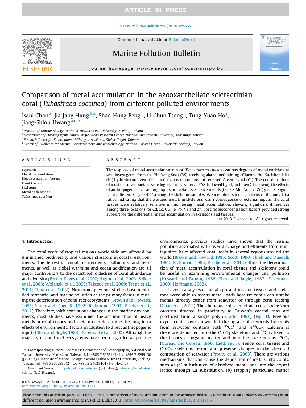 Comparison of metal accumulation in the azooxanthellate scleractinian coral (Tubastraea coccinea) from different polluted environments