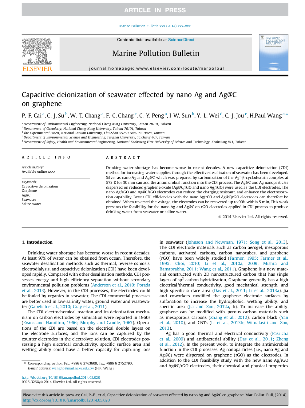 Capacitive deionization of seawater effected by nano Ag and Ag@C on graphene