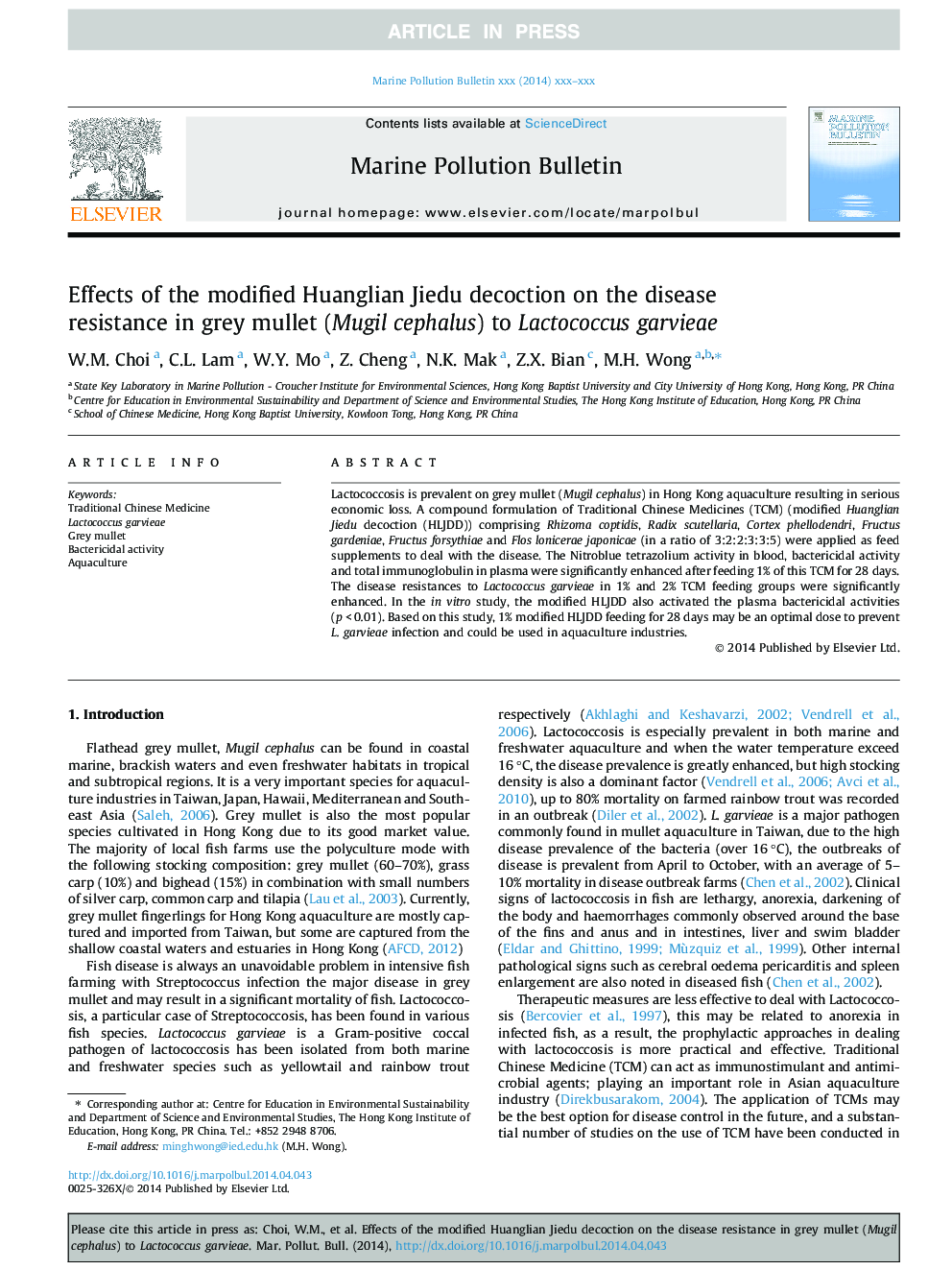 Effects of the modified Huanglian Jiedu decoction on the disease resistance in grey mullet (Mugil cephalus) to Lactococcus garvieae