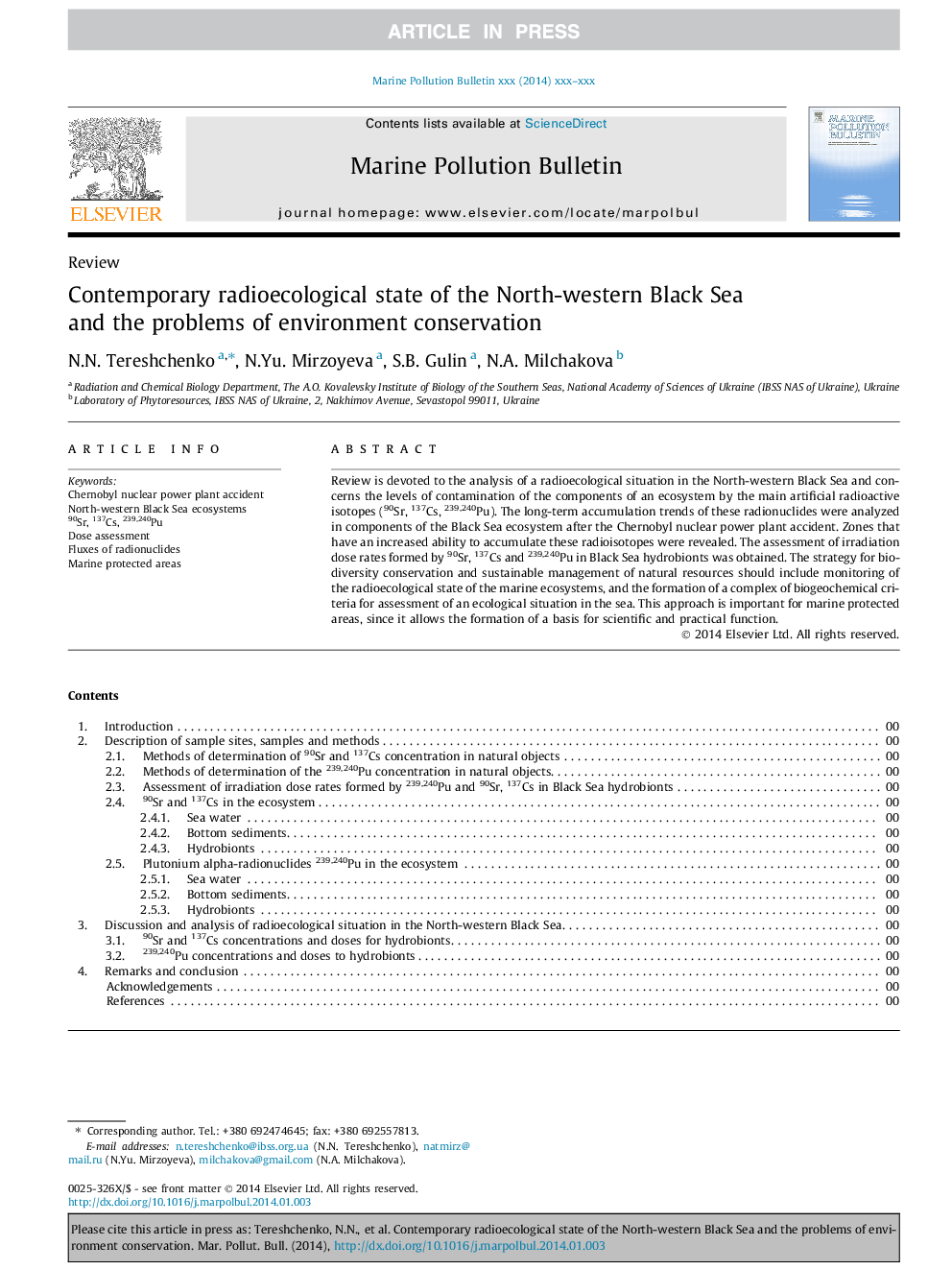 Contemporary radioecological state of the North-western Black Sea and the problems of environment conservation