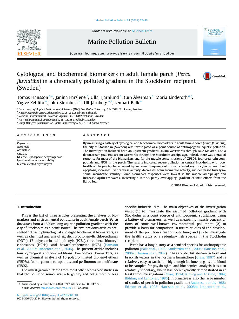 Cytological and biochemical biomarkers in adult female perch (Perca fluviatilis) in a chronically polluted gradient in the Stockholm recipient (Sweden)