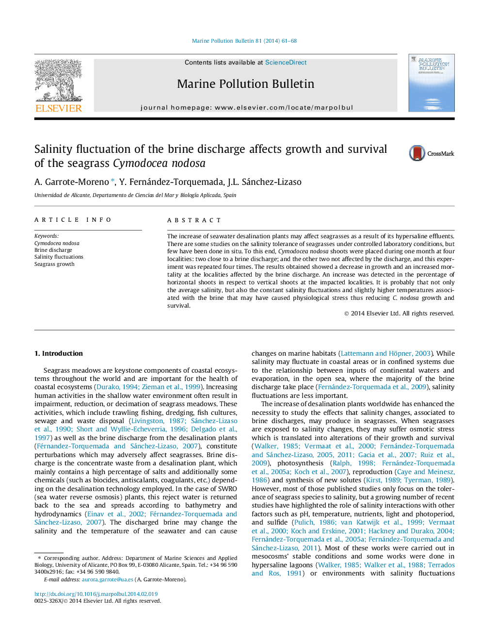 Salinity fluctuation of the brine discharge affects growth and survival of the seagrass Cymodocea nodosa