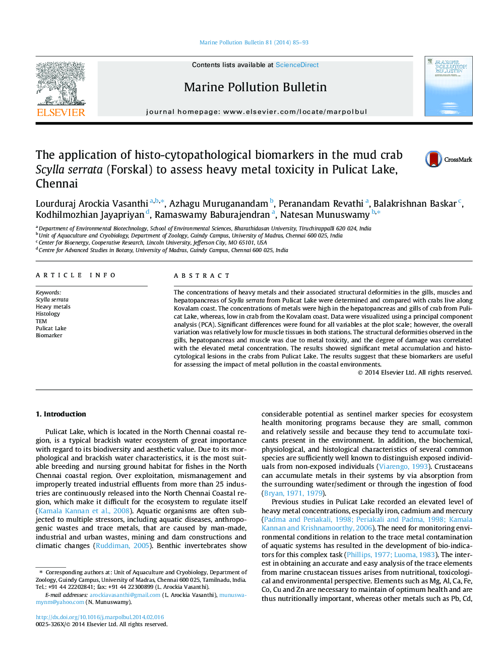 The application of histo-cytopathological biomarkers in the mud crab Scylla serrata (Forskal) to assess heavy metal toxicity in Pulicat Lake, Chennai