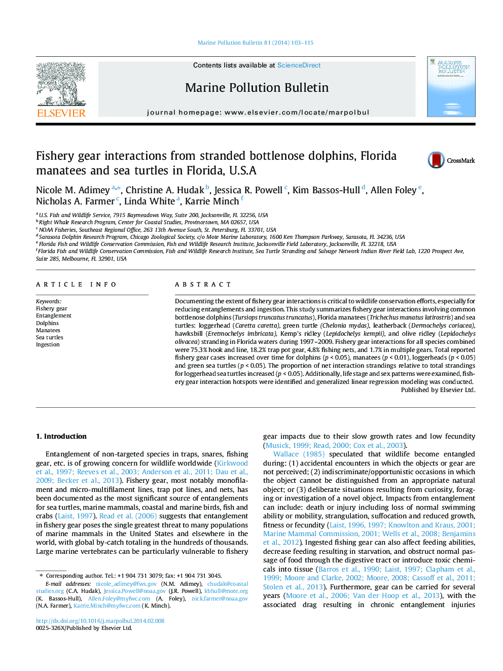 Fishery gear interactions from stranded bottlenose dolphins, Florida manatees and sea turtles in Florida, U.S.A