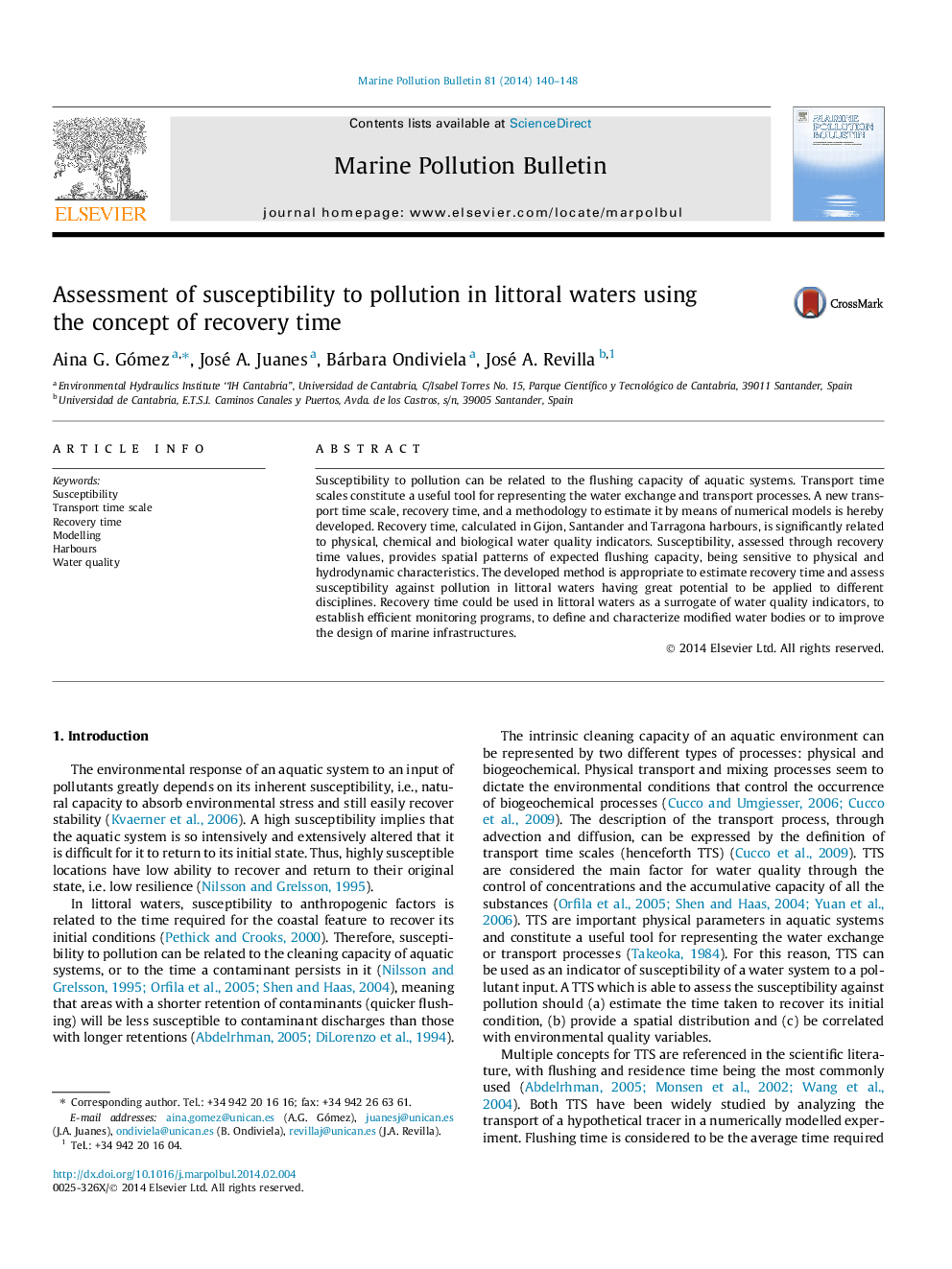 Assessment of susceptibility to pollution in littoral waters using the concept of recovery time