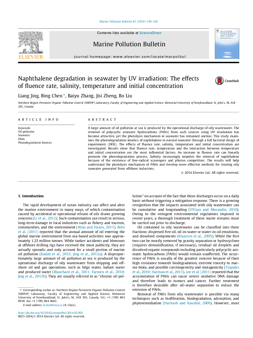 Naphthalene degradation in seawater by UV irradiation: The effects of fluence rate, salinity, temperature and initial concentration