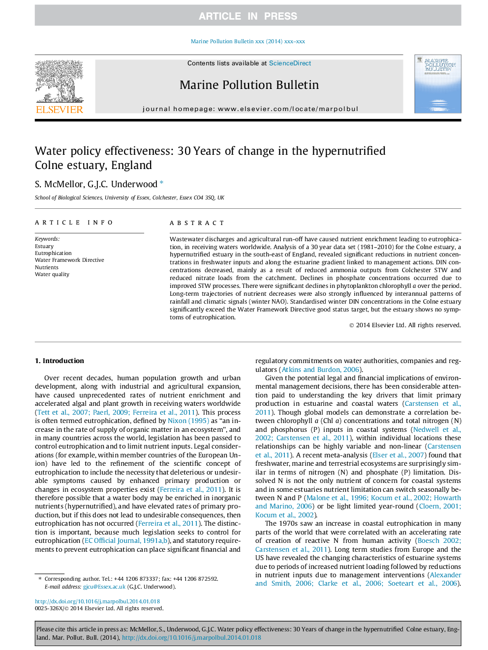 Water policy effectiveness: 30Â Years of change in the hypernutrified Colne estuary, England