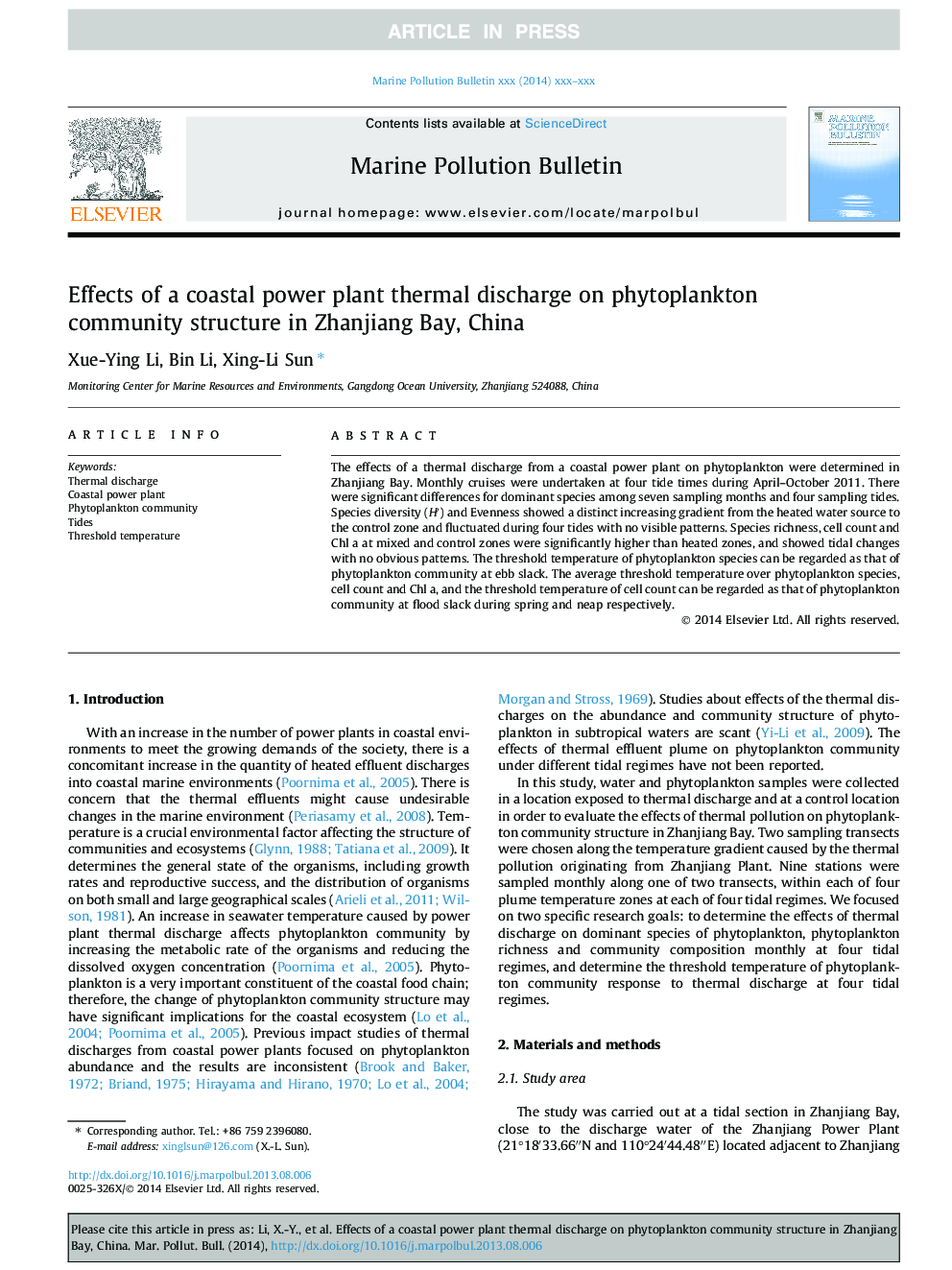 Effects of a coastal power plant thermal discharge on phytoplankton community structure in Zhanjiang Bay, China