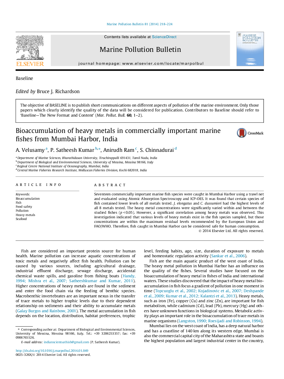 Bioaccumulation of heavy metals in commercially important marine fishes from Mumbai Harbor, India