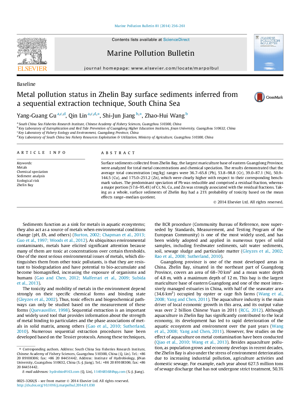 Metal pollution status in Zhelin Bay surface sediments inferred from a sequential extraction technique, South China Sea