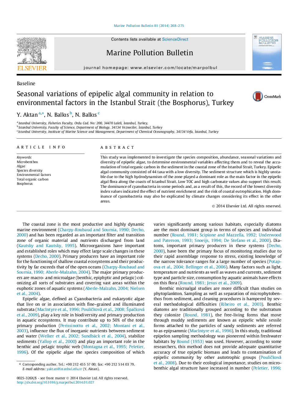 Seasonal variations of epipelic algal community in relation to environmental factors in the Istanbul Strait (the Bosphorus), Turkey