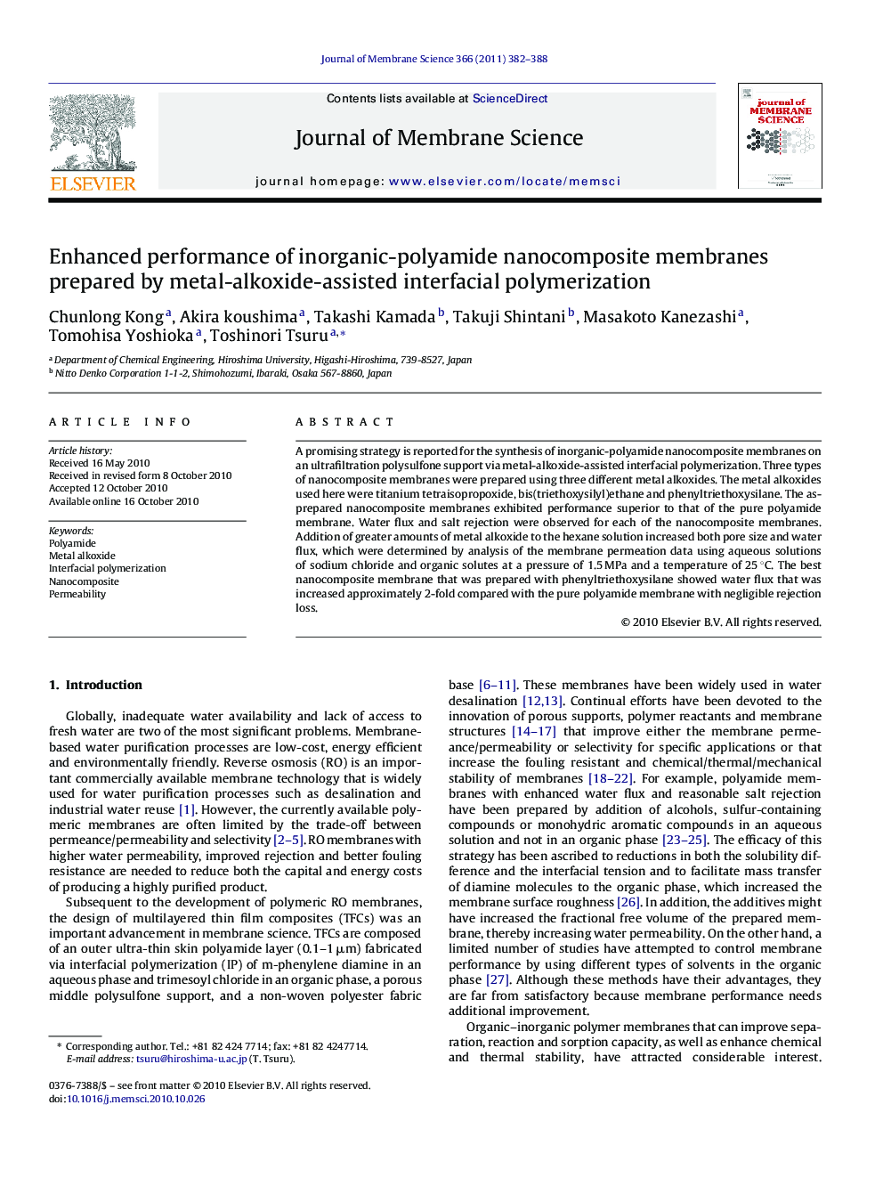 عکس صفحه اول مقاله: Enhanced performance of inorganic-polyamide nanocomposite membranes prepared by metal-alkoxide-assisted interfacial polymerization Enhanced performance of inorganic-polyamide nanocomposite membranes prepared by metal-alkoxide-assisted interfacial polymerization