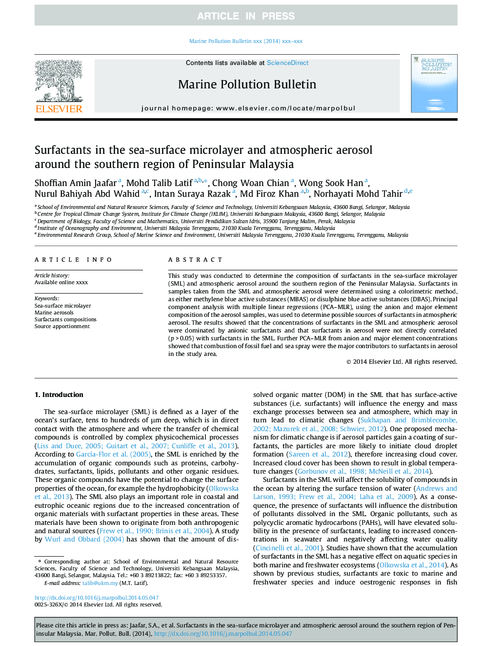 Surfactants in the sea-surface microlayer and atmospheric aerosol around the southern region of Peninsular Malaysia