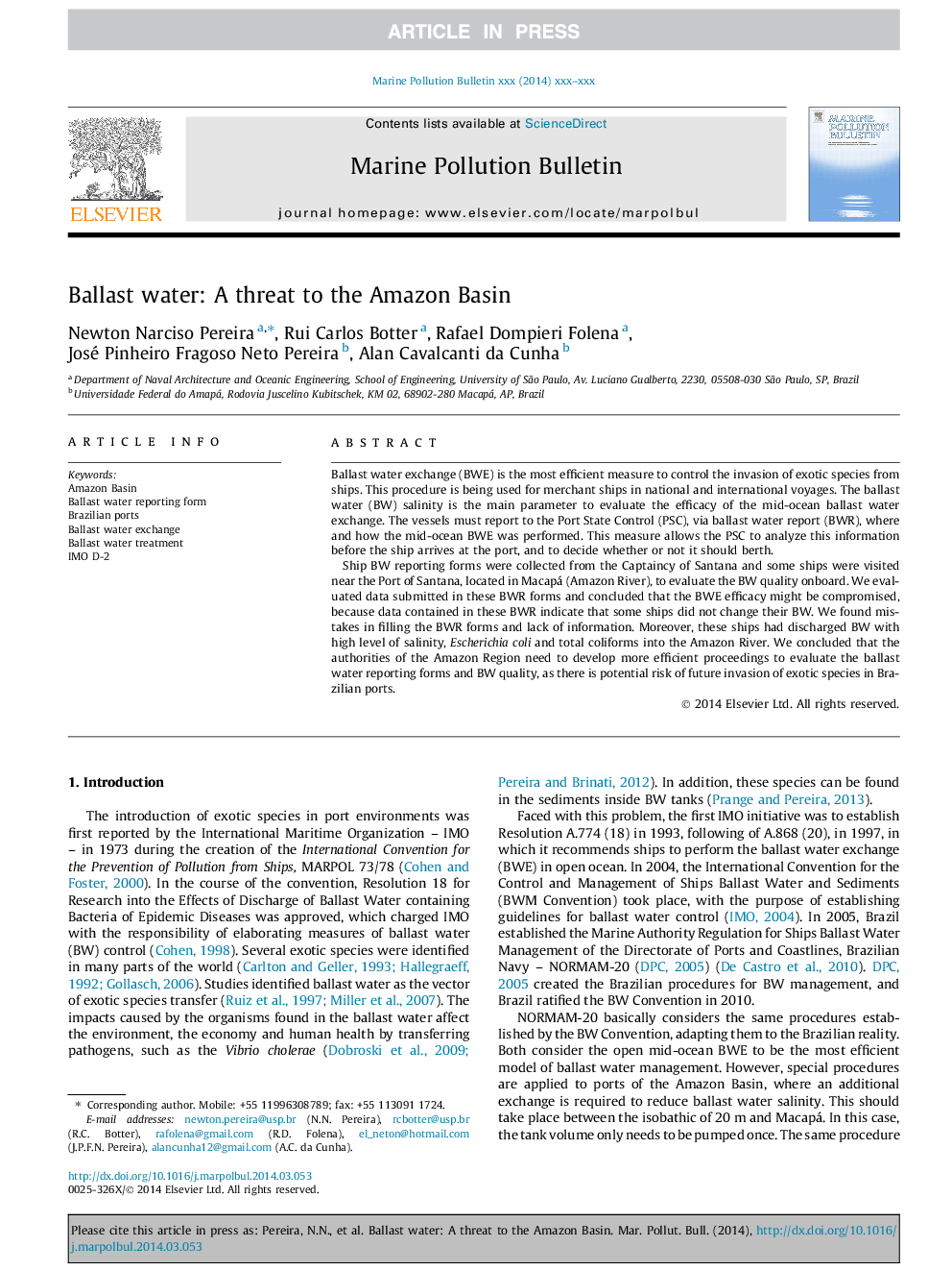 Ballast water: A threat to the Amazon Basin