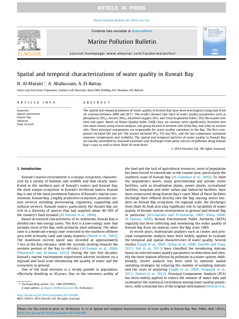 Spatial and temporal characterizations of water quality in Kuwait Bay