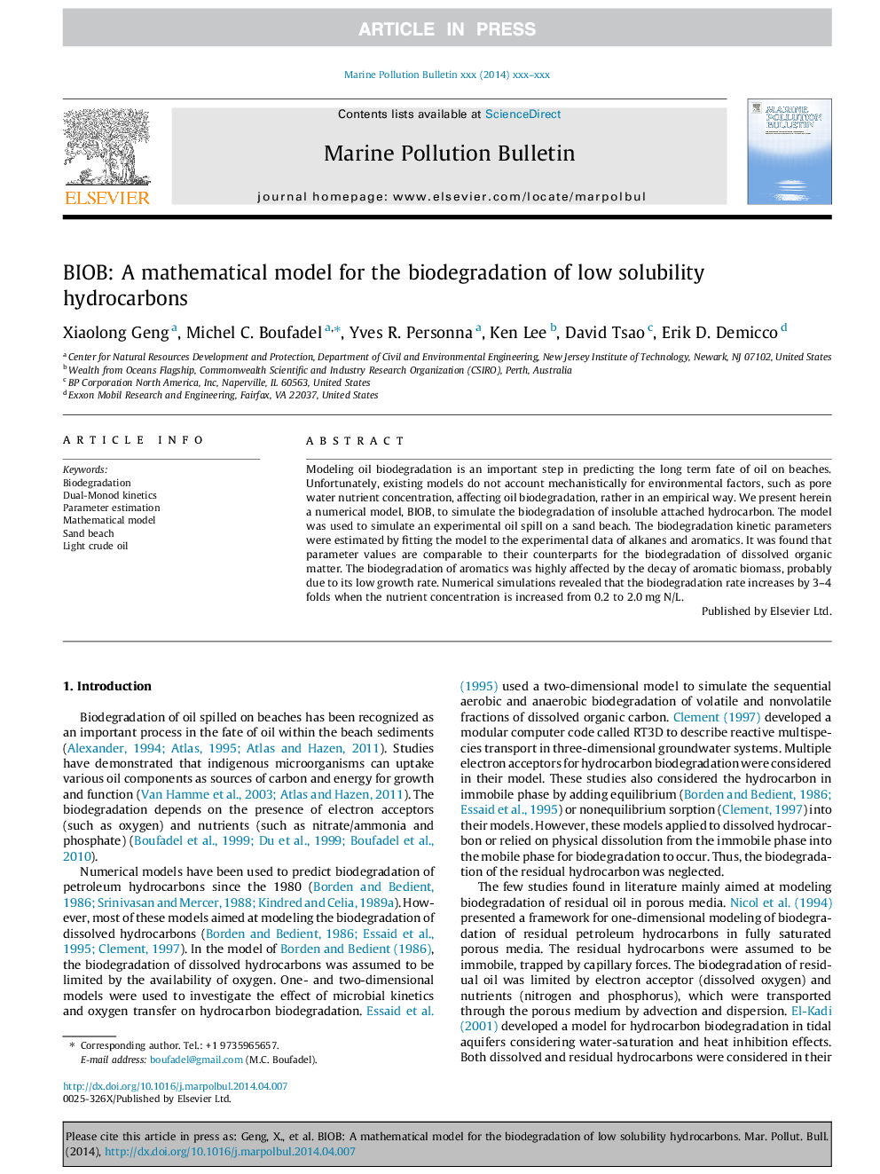 BIOB: A mathematical model for the biodegradation of low solubility hydrocarbons