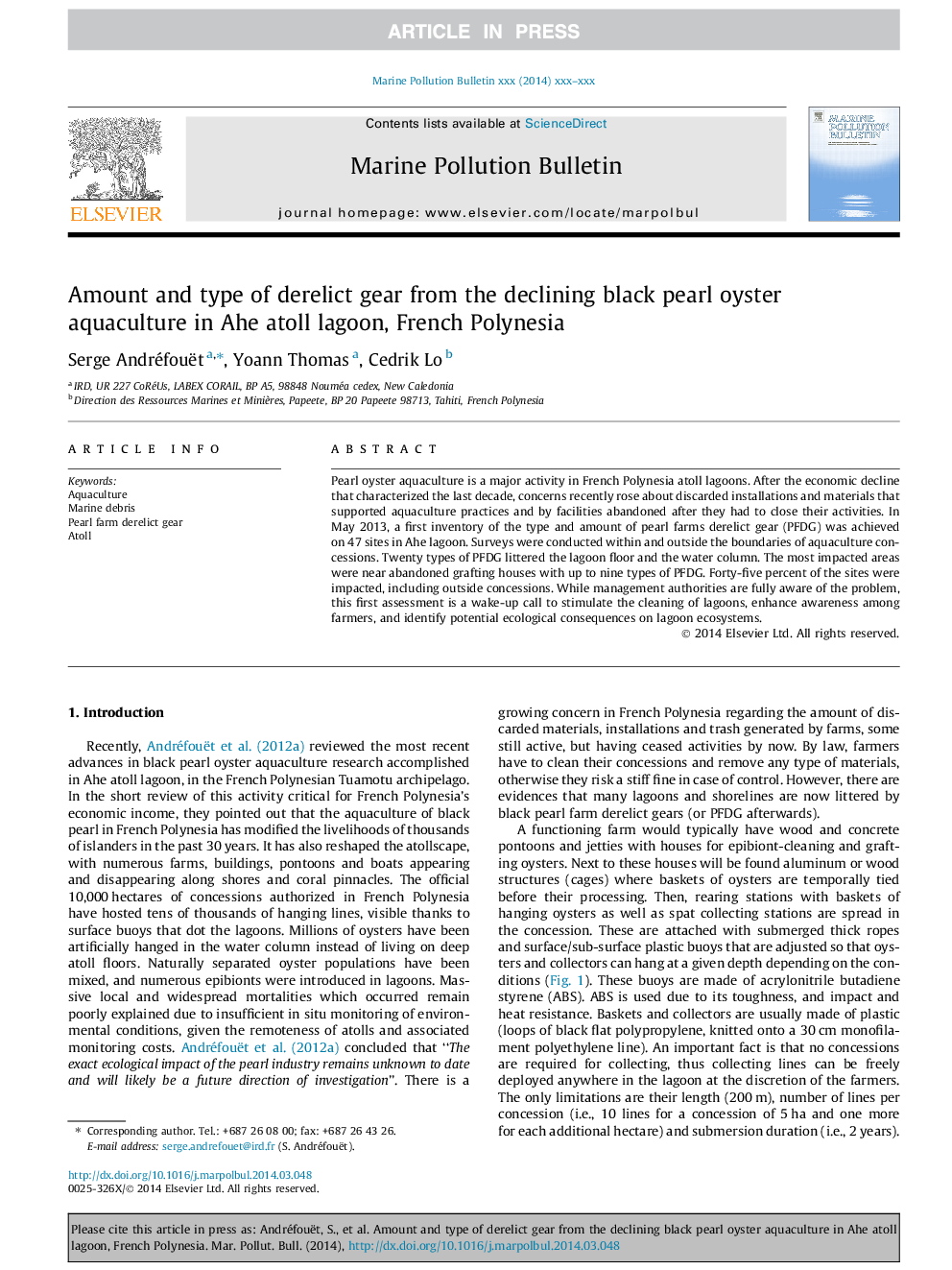 Amount and type of derelict gear from the declining black pearl oyster aquaculture in Ahe atoll lagoon, French Polynesia