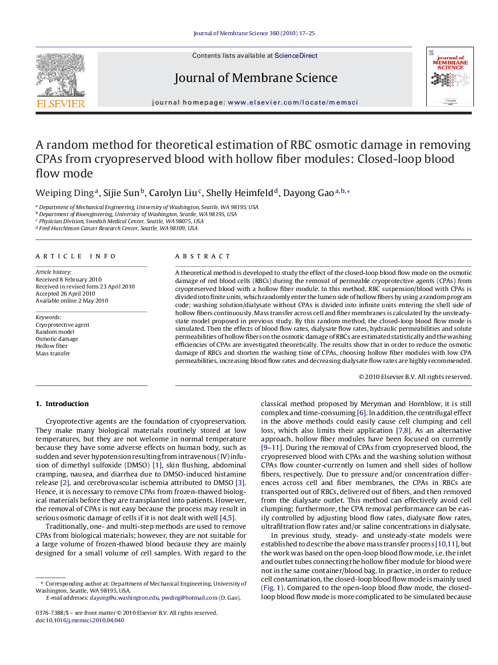 A random method for theoretical estimation of RBC osmotic damage in removing CPAs from cryopreserved blood with hollow fiber modules: Closed-loop blood flow mode