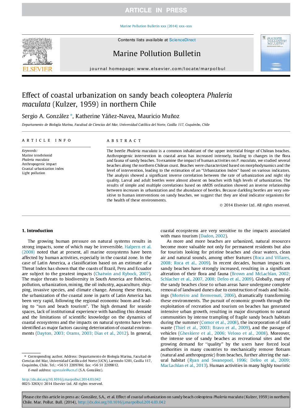 Effect of coastal urbanization on sandy beach coleoptera Phaleria maculata (Kulzer, 1959) in northern Chile