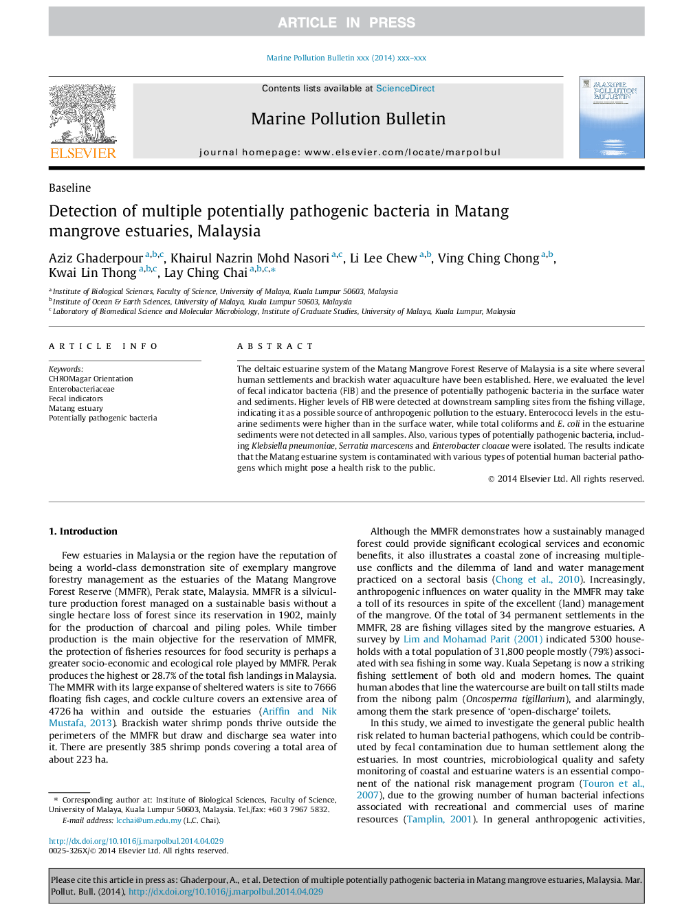 Detection of multiple potentially pathogenic bacteria in Matang mangrove estuaries, Malaysia