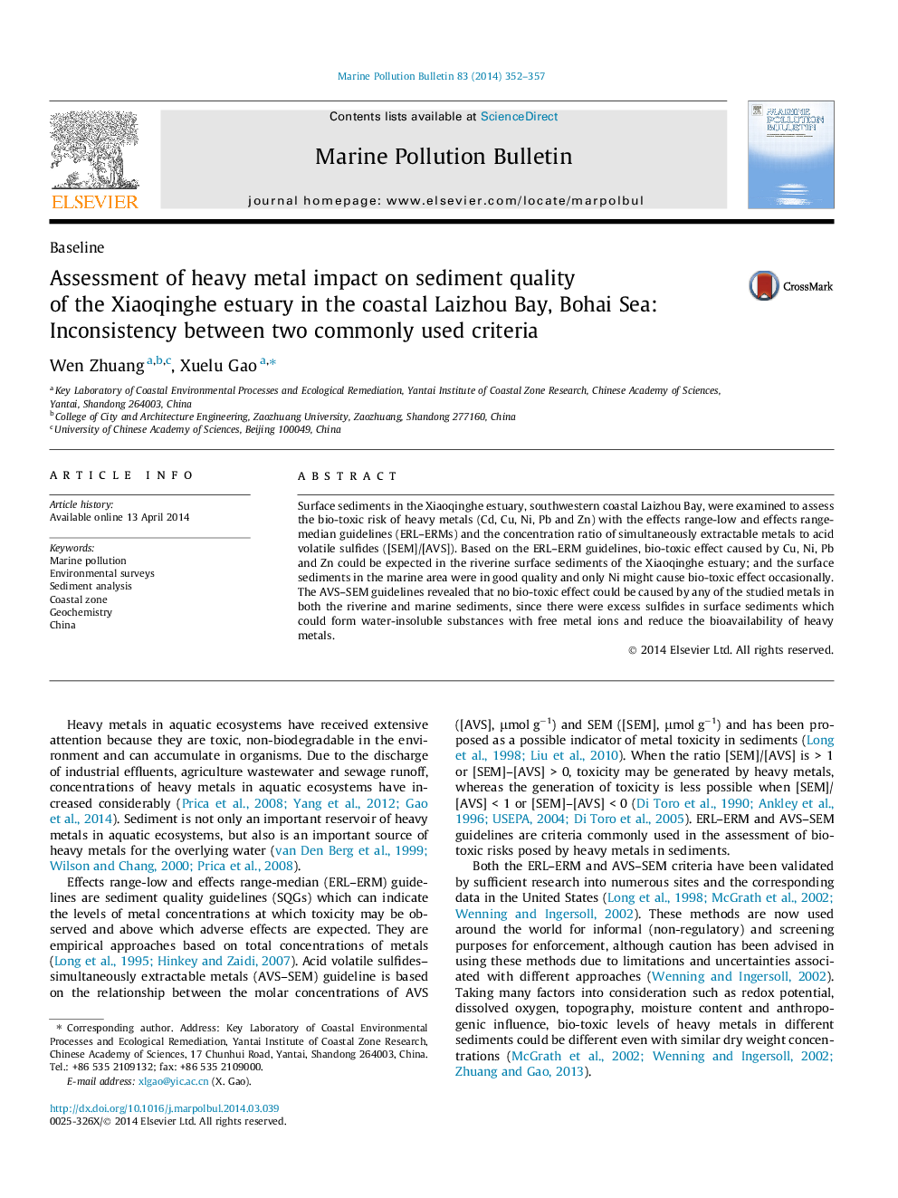 BaselineAssessment of heavy metal impact on sediment quality of the Xiaoqinghe estuary in the coastal Laizhou Bay, Bohai Sea: Inconsistency between two commonly used criteria