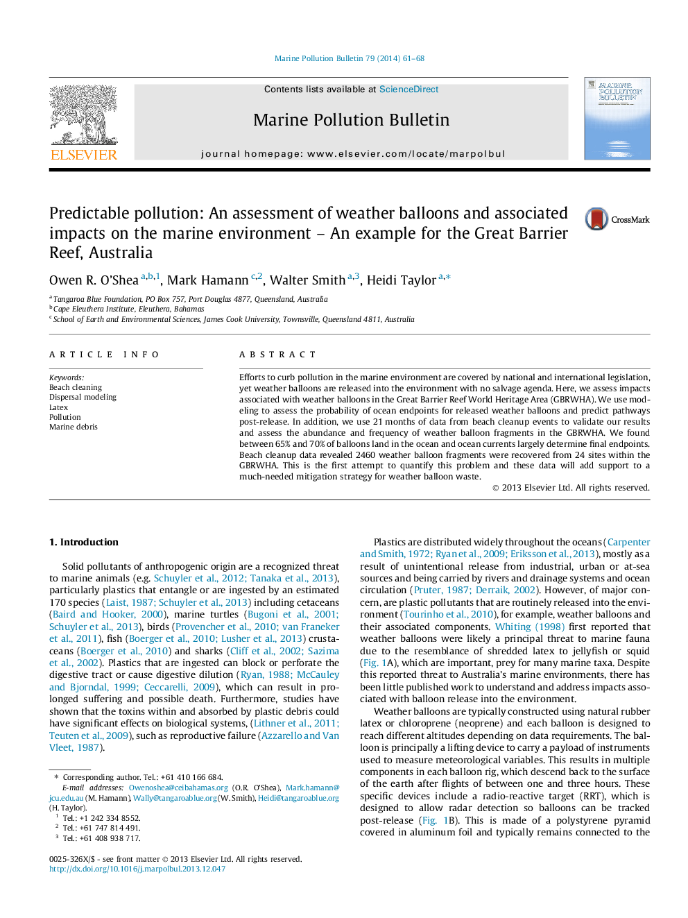 Predictable pollution: An assessment of weather balloons and associated impacts on the marine environment - An example for the Great Barrier Reef, Australia