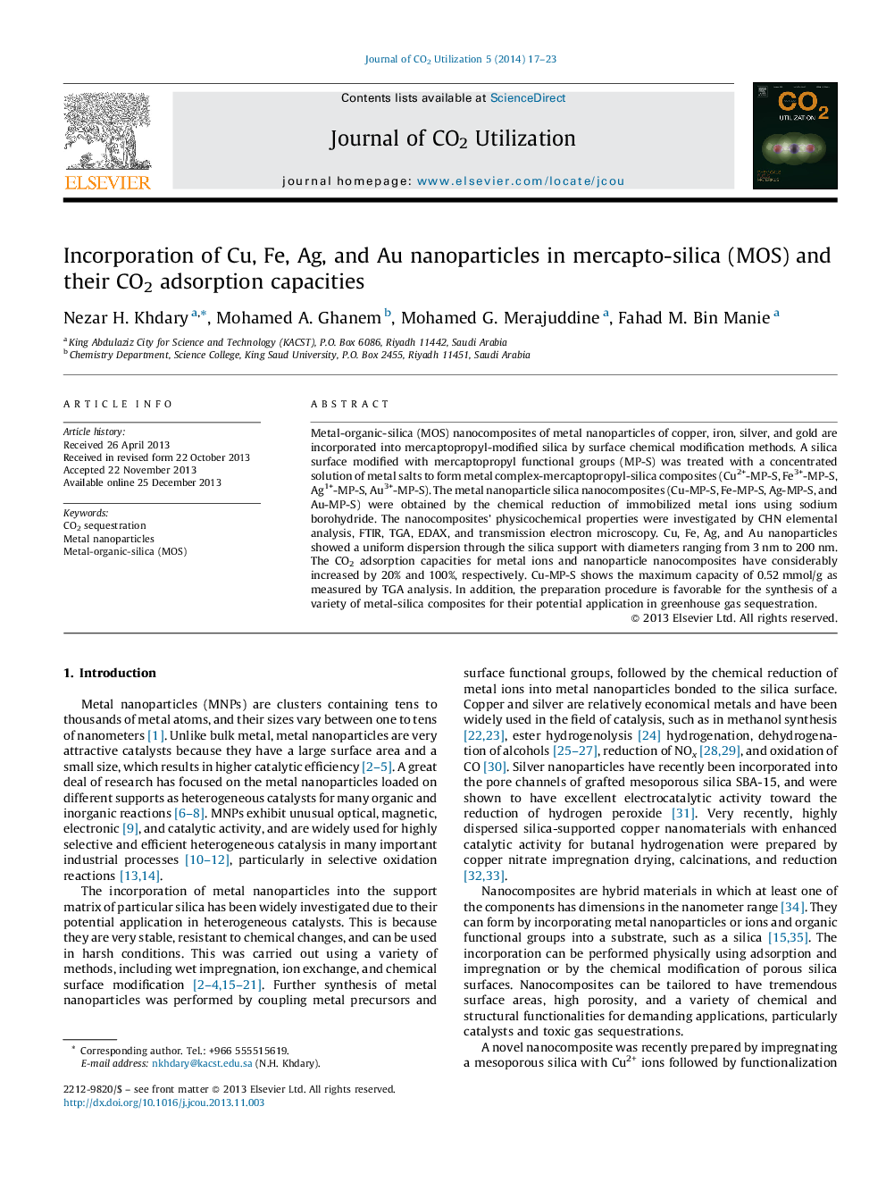 Incorporation of Cu, Fe, Ag, and Au nanoparticles in mercapto-silica (MOS) and their CO2 adsorption capacities