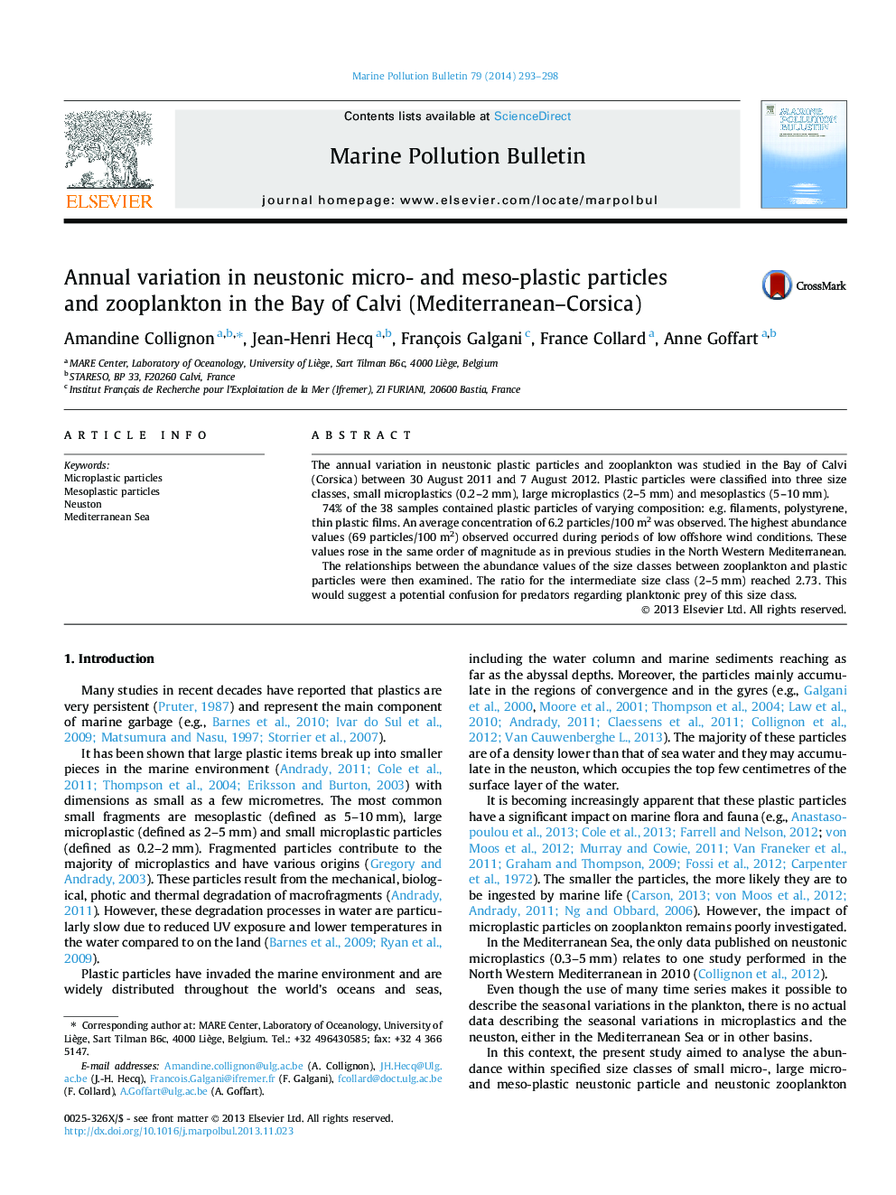 Annual variation in neustonic micro- and meso-plastic particles and zooplankton in the Bay of Calvi (Mediterranean-Corsica)