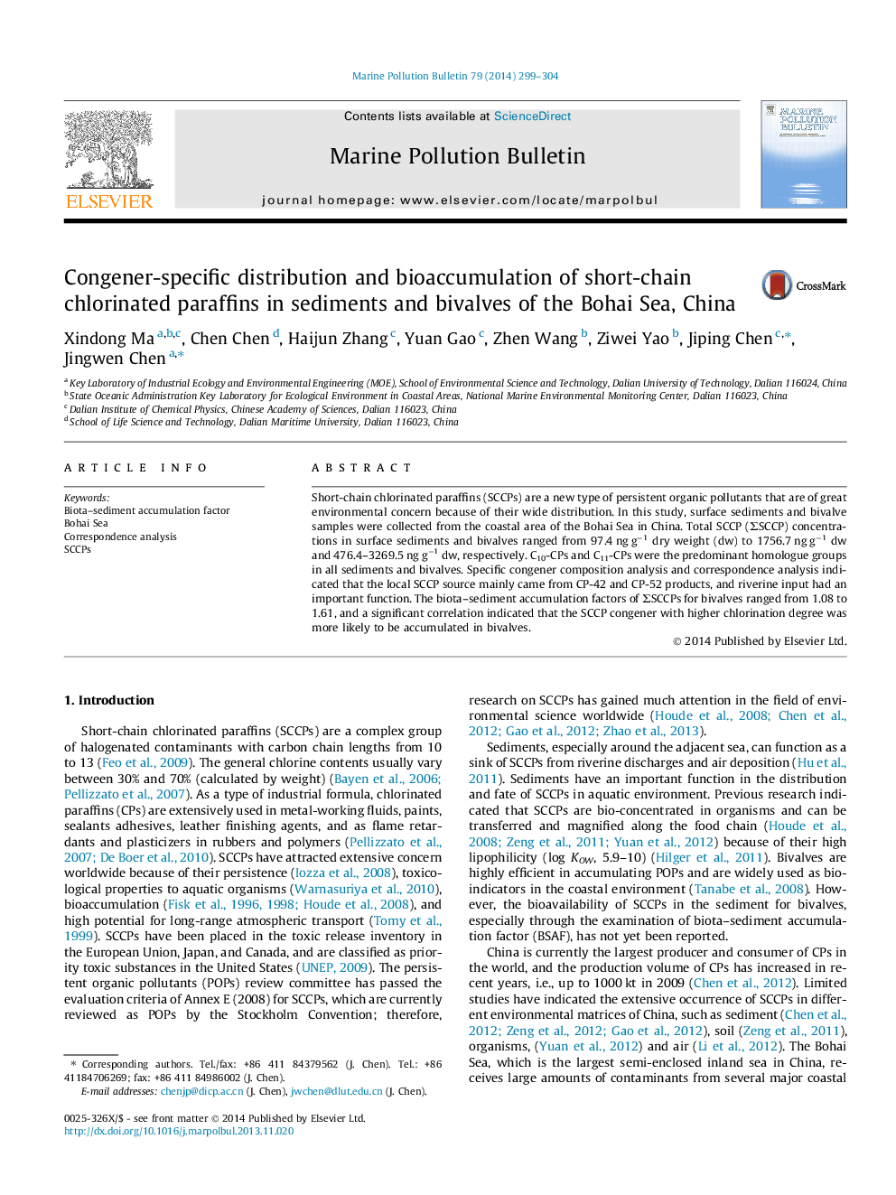 Congener-specific distribution and bioaccumulation of short-chain chlorinated paraffins in sediments and bivalves of the Bohai Sea, China